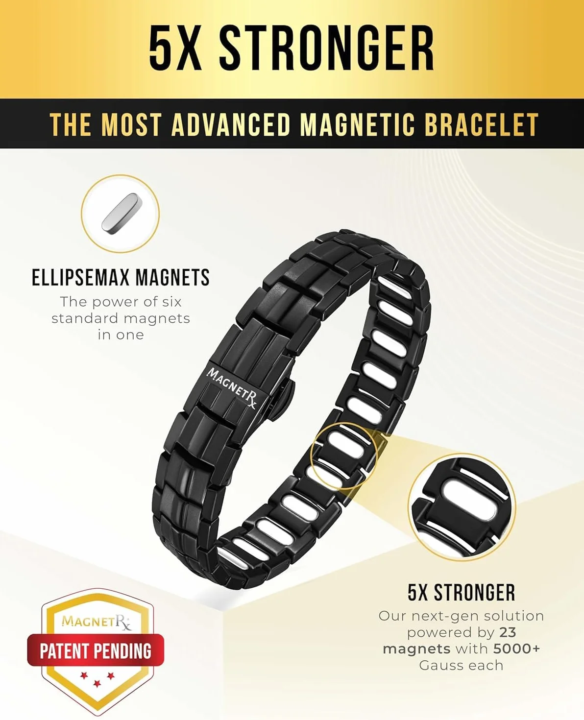 MagnetRX® męska bransoletka magnetyczna EllipseMAX 5X – magnesy 5000 Gauss – zaprojektowana w USA, patent w toku – premium bransoletka z tytanu, regulowana długość (czarna)