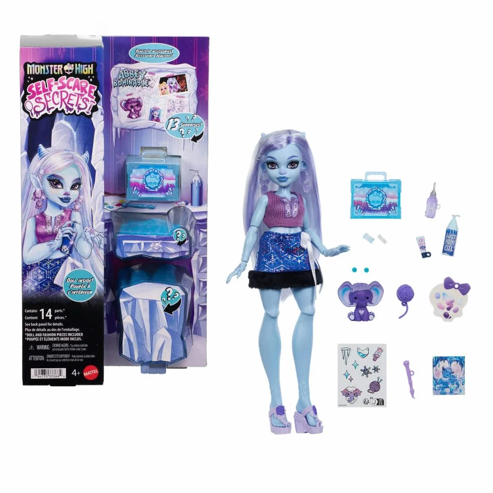 Monster High Straszyrelaks self-care Abbey Bominable Zestaw: lalka i akcesoria-niespodzianki, w tym „henna” oraz akcesoria do malowania i szydełkowania, zabawka dla dzieci 4+, JHK44