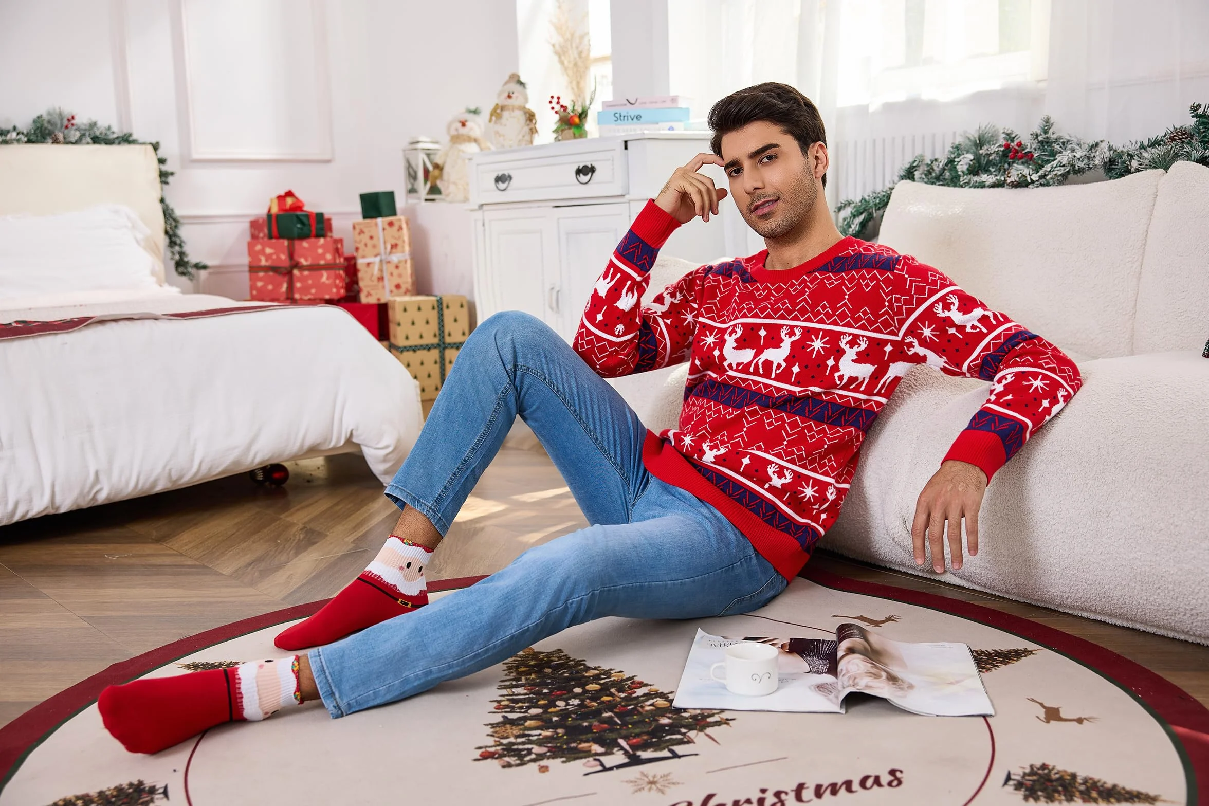 Litherday Świąteczny sweter męski zabawny renifer świąteczny nadruk oryginalny męski sweter świąteczny na zimowe imprezy S-XXL
