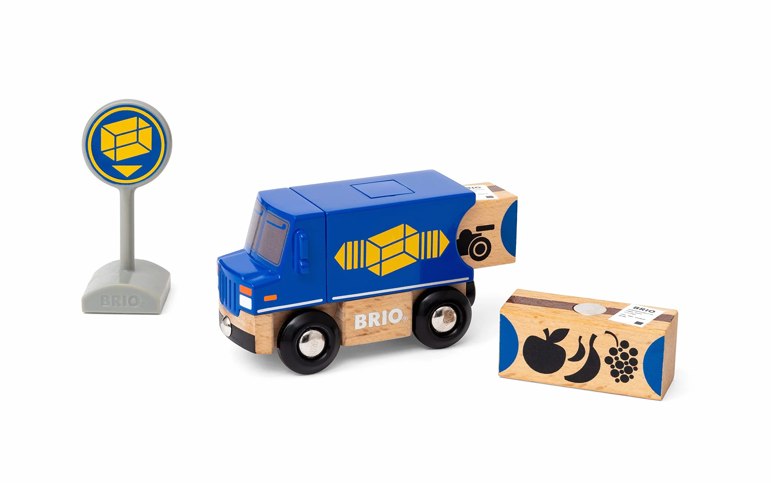 BRIO World 36020 Zustell-Fahrzeug - Blauer Liefer-LKW mit zwei magnetischen Holzcontainern - Empfohlen für Kinder ab 3 Jahren und kompatibel mit den Schienen der BRIO World