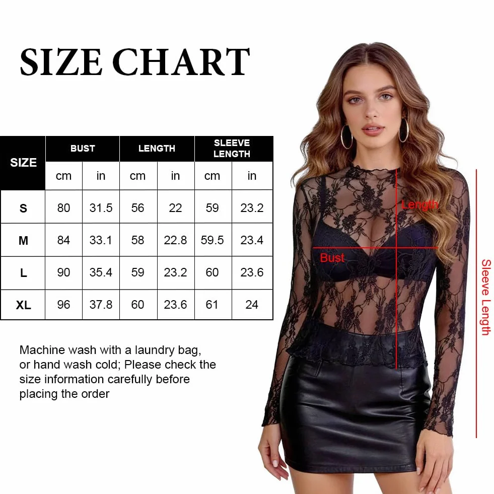 Damski seksowny top z przezroczystej siatki, koronkowa koszulka z długim rękawem, szykowny i elegancki kwiatowy top z siatki, tiulowa koszula na imprezę klubową