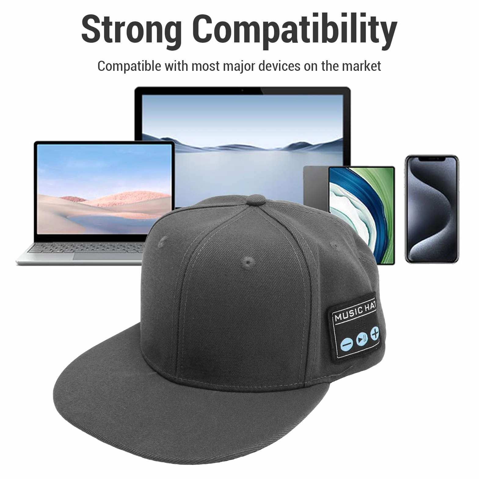 Denash Bluetooth Music Cap, Bezprzewodowa Czapka Głośnikowa z 6H PlayTime i Washable Design do Running Gym Outdoor (Ciemno szary)