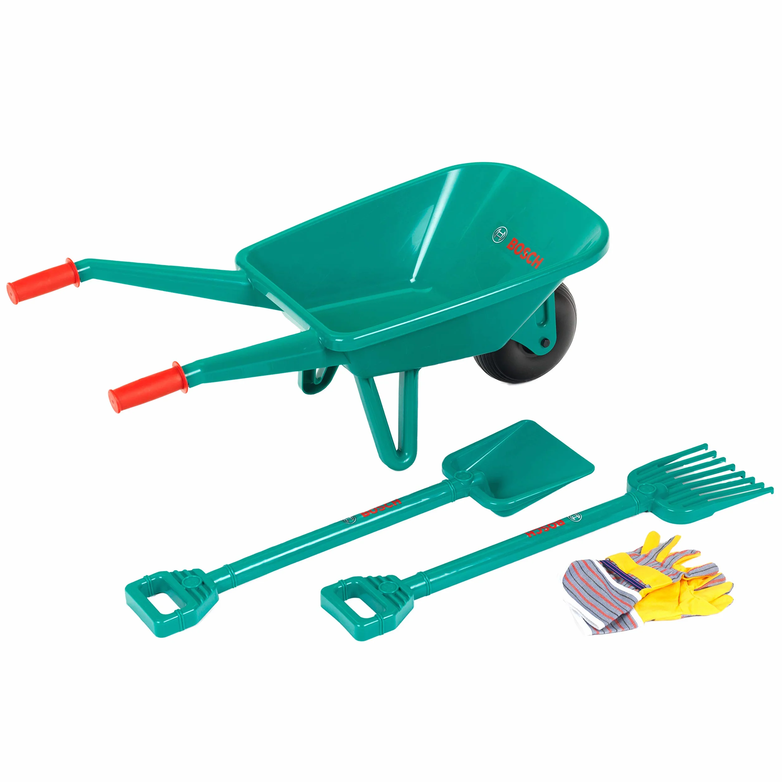 Theo Klein 2660 Bosch zestaw ogrodowy z taczką, z łopatą, grabami i rękawicami roboczymi | wymiary: 70,5 cm x 34 cm x 33 cm | zabawka dla dzieci od 3 lat