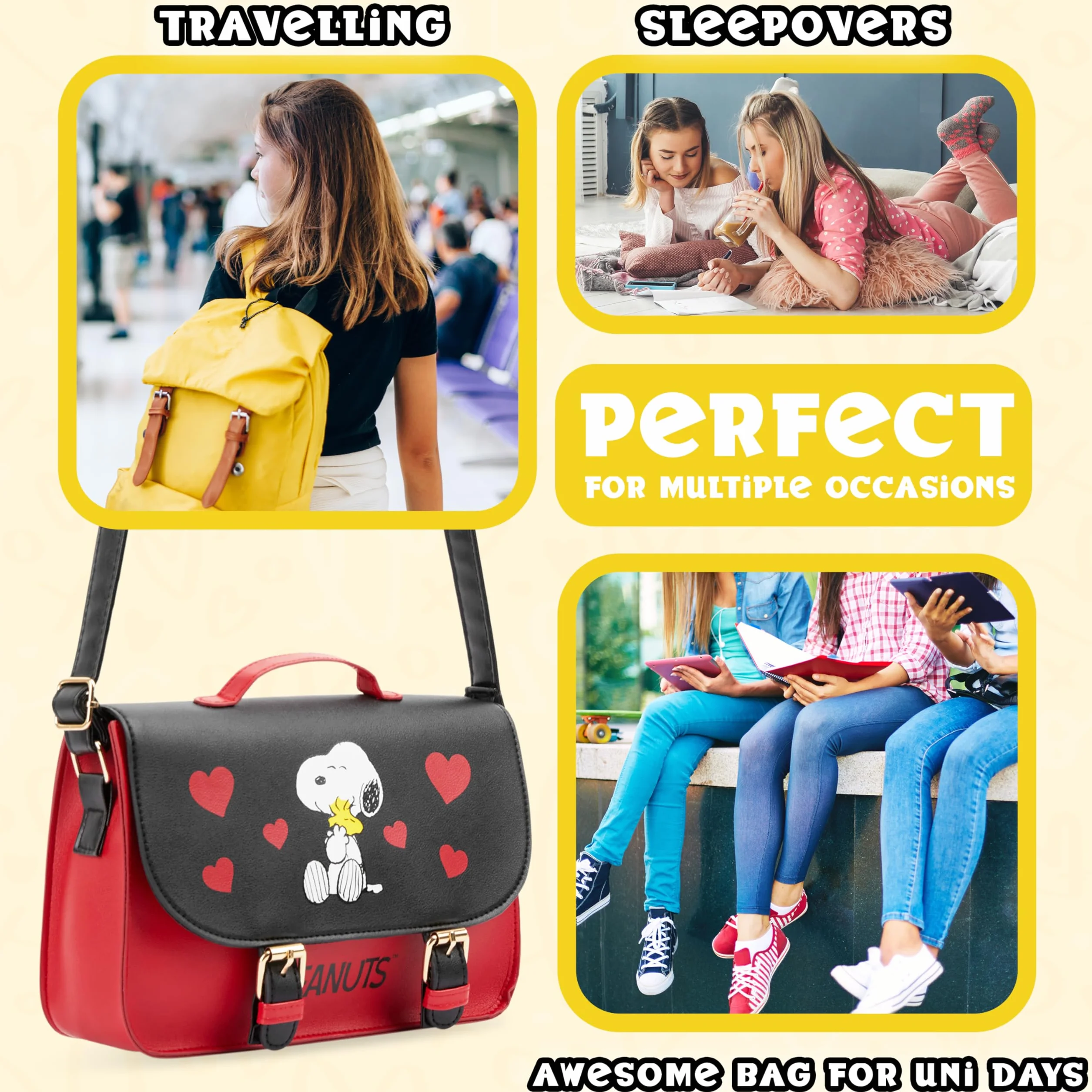 Torebki Peanuts Snoopy dla kobiet, torebka na ramię, torebka kurierska, torba na ramię dla nastolatek i dziewcząt, regulowana paski, torby podróżne, prezenty dla niej, Czerwony/czarny, 25x17.5x6.8cm