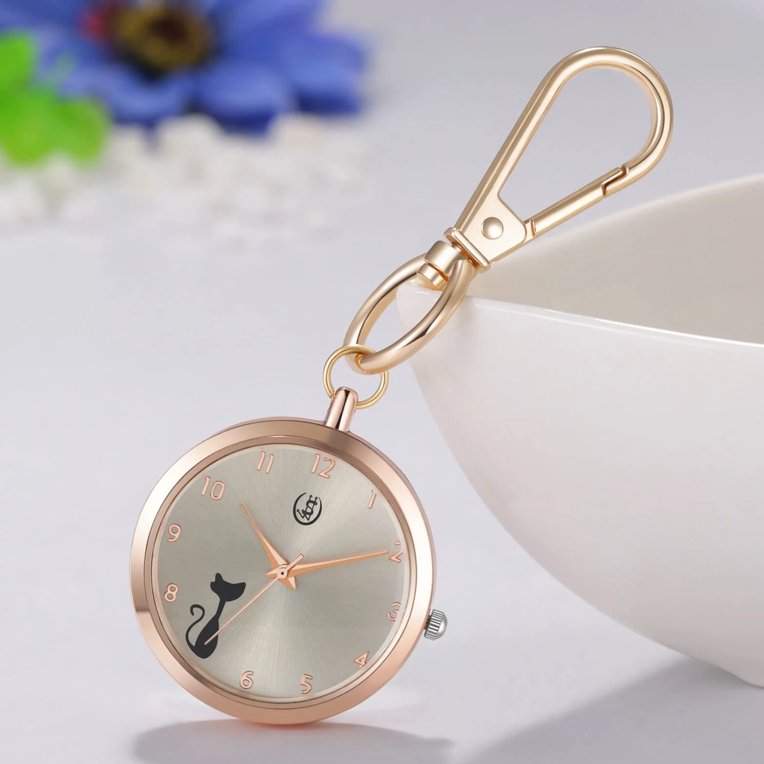 JewelryWe Nowość breloczek zegarek uroczy kot zwierzę brelok kwarcowy zegarek kieszonkowy FOB Clip-on Watch, dla mężczyzn kobiet, a, Nowoczesny