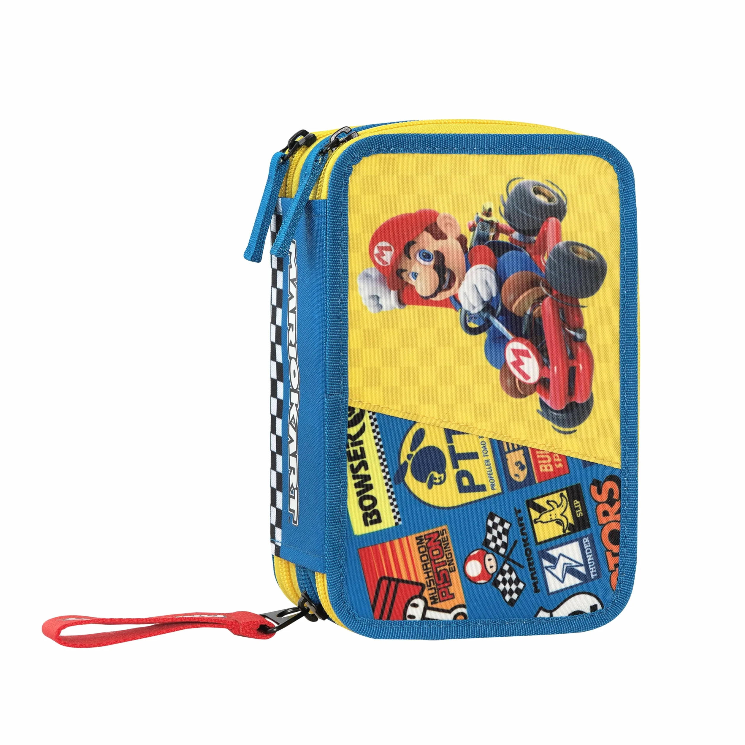 Franco Cosimo Panini MARIO KART - Oficjalny piórnik szkolny Mario Kart, 3 przegródki dla chłopców i dziewczynek, z zestawem na artykuły pa, niebieski ścieralny długopis i praktyczne