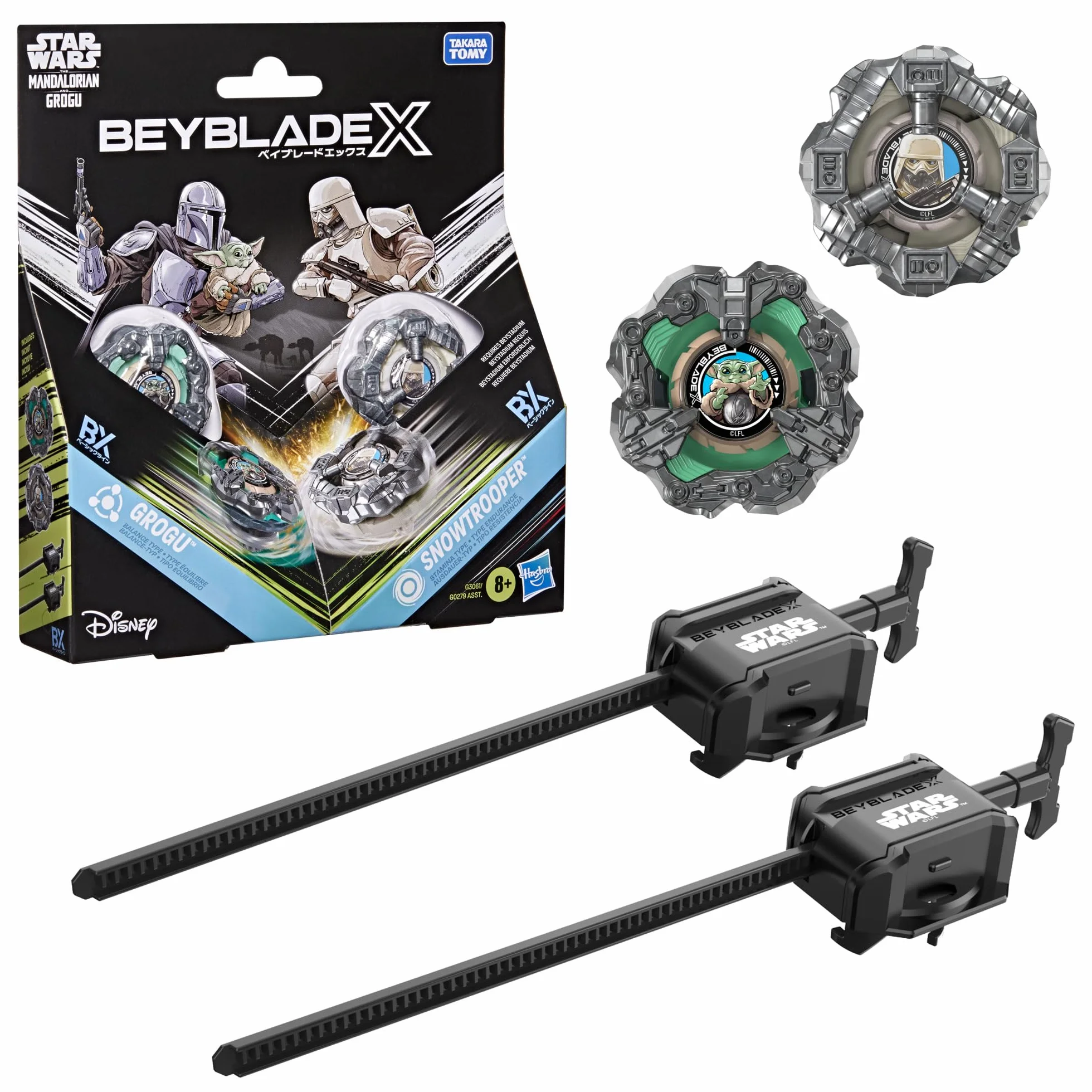 Beyblade X/Gwiezdne wojny Collab Grogu kontra Snowtrooper, 2 zabawkowe bączki Takara Tomy, 2 wyrzutnie, zabawki z Gwiezdnych wojen, wiek: od 8 lat