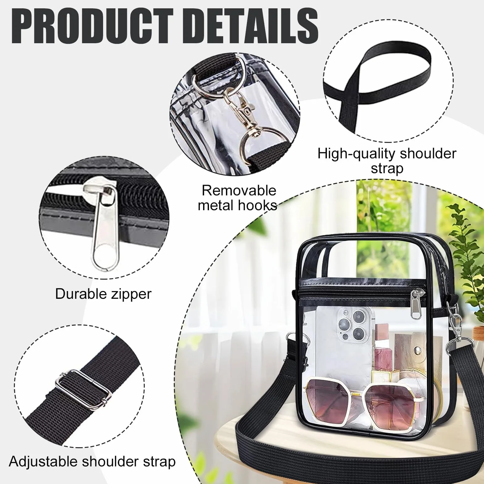 Przezroczysta torba crossbody, przezroczysta torba na ramię z PCW z regulowanym paskiem, zatwierdzona przez stadion, przezroczysta torebka na koncert, stadion, podróż, festiwal, imprezy