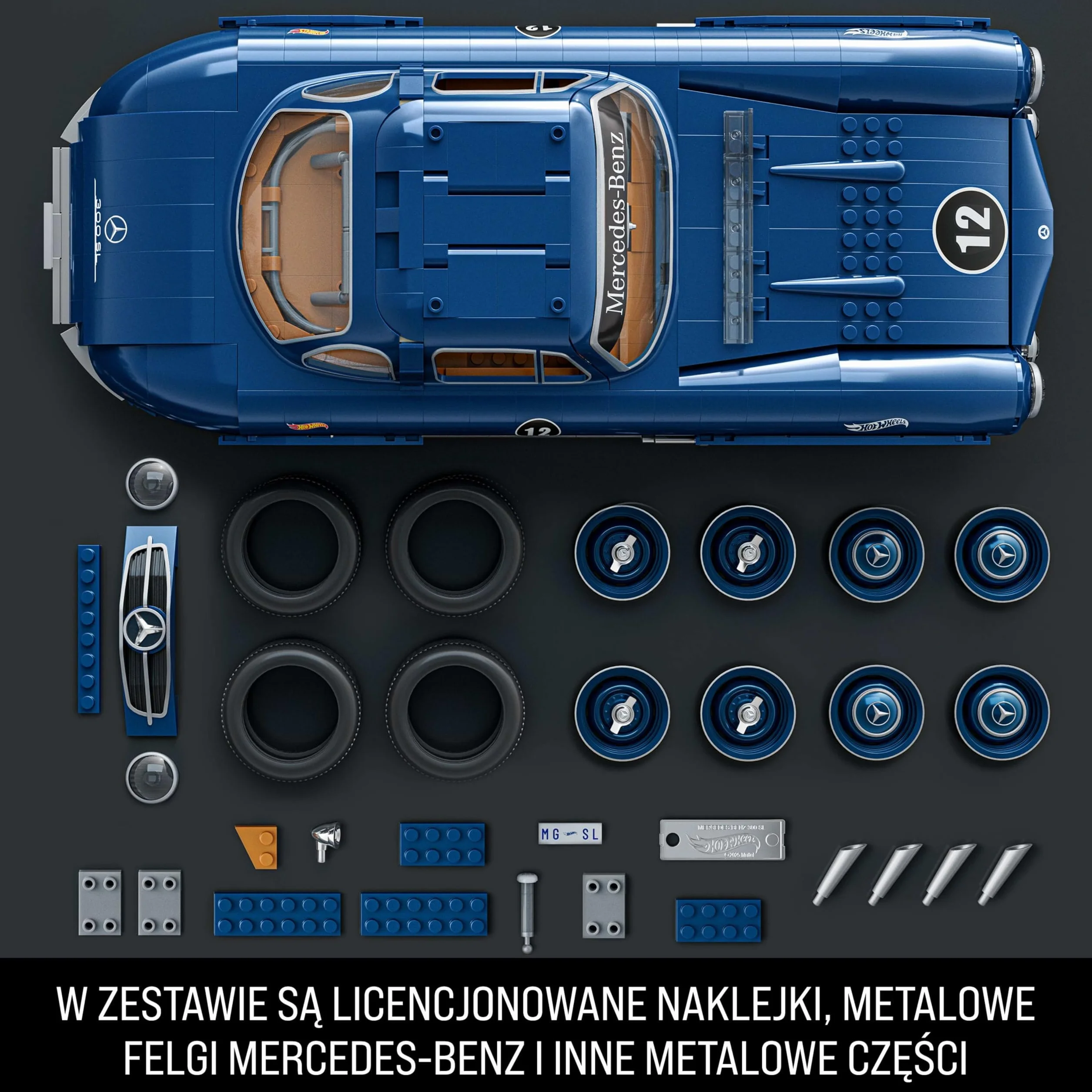 Hot Wheels Mercedes-Benz 300 SL Samochód kolekcjonerski do zbudowania z klocków w skali 1:12 (1600 elementów) i metalowy minimodel, kolekcjonerski zestaw prezentowy, HWW25