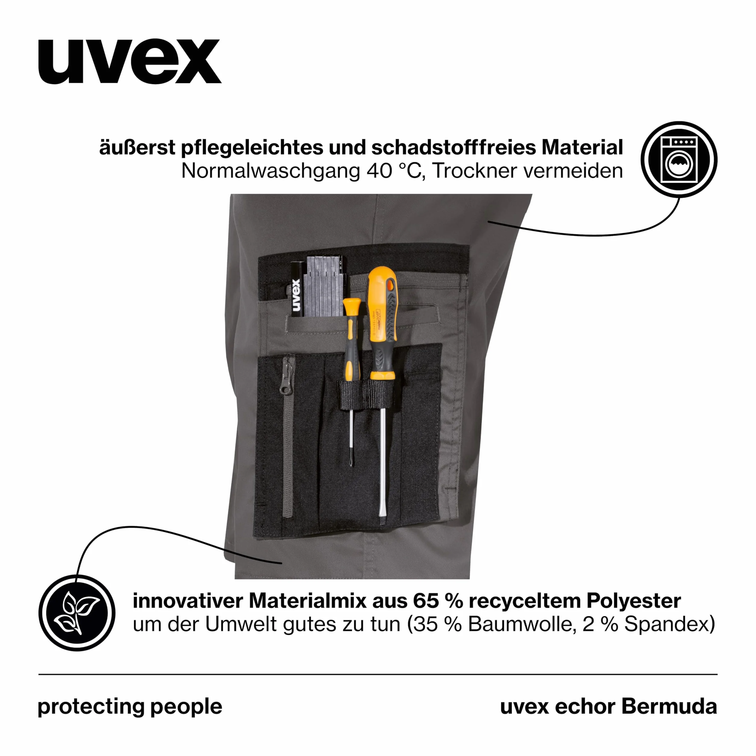 uvex echor Bermudy – krótkie spodnie robocze premium – męskie spodnie cargo – elastyczny ściągacz, lekkie, elastyczne i dużo miejsca do przechowywania