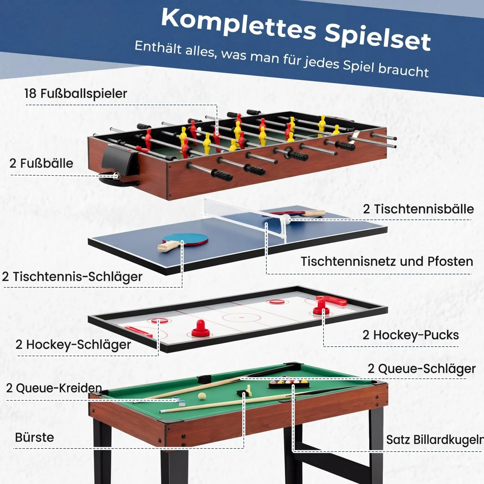 COSTWAY Wielofunkcyjny stół do gry, 4 w 1, stół do gry w piłkarzyki z bilardem, hokejem lotniczym, tenis stołowy, wielofunkcyjny stół do piłkarzyków z akcesoriami, do pokoju zabaw, na imprezę, do baru