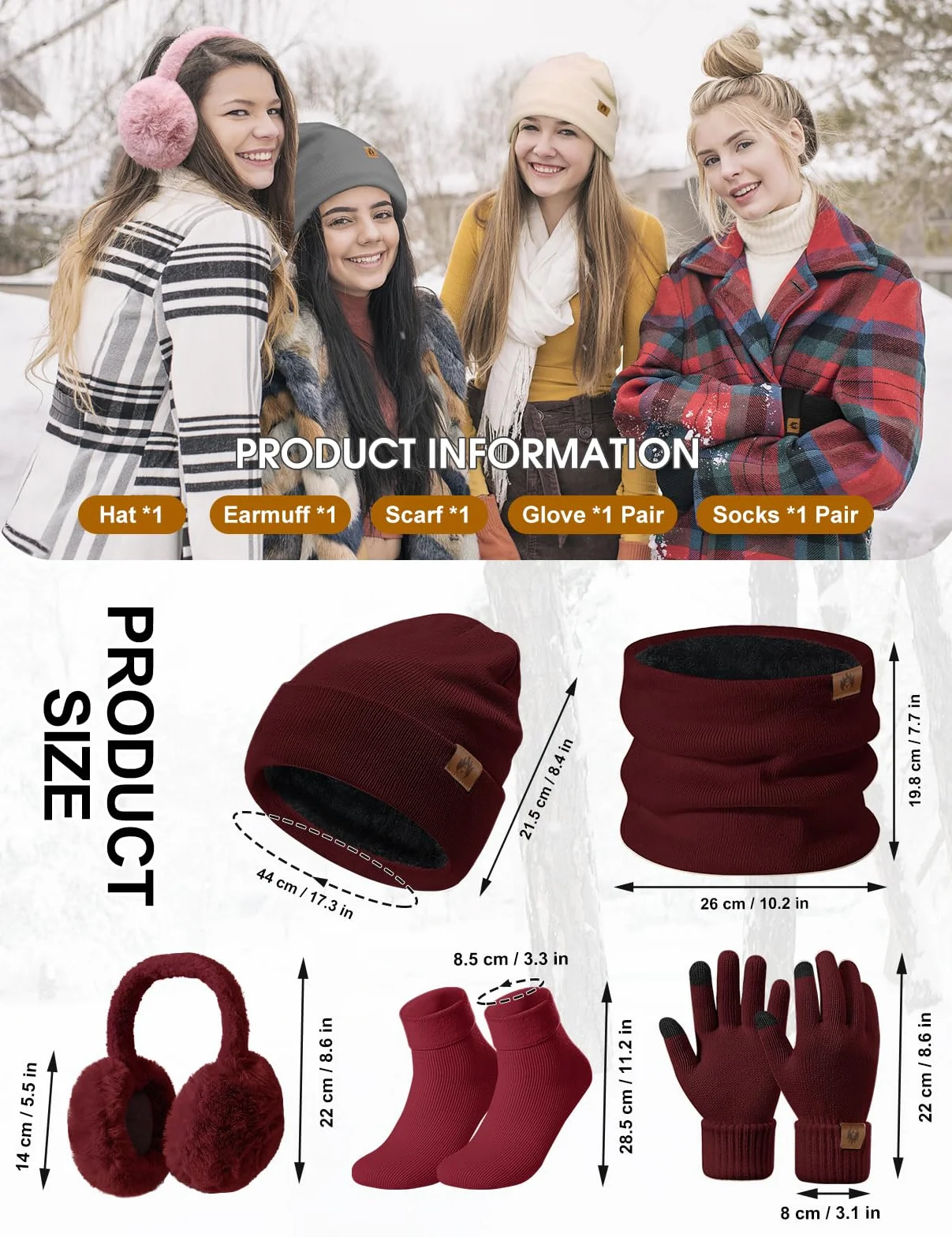 Zestaw dzianinowych czapek i szalików, 5 szt., zimowe ciepłe zestawy, czapka beanie z podszewką polarową, rękawiczki do ekranów dotykowych, pluszowe ocieplacze na uszy, ocieplacze na szyję
