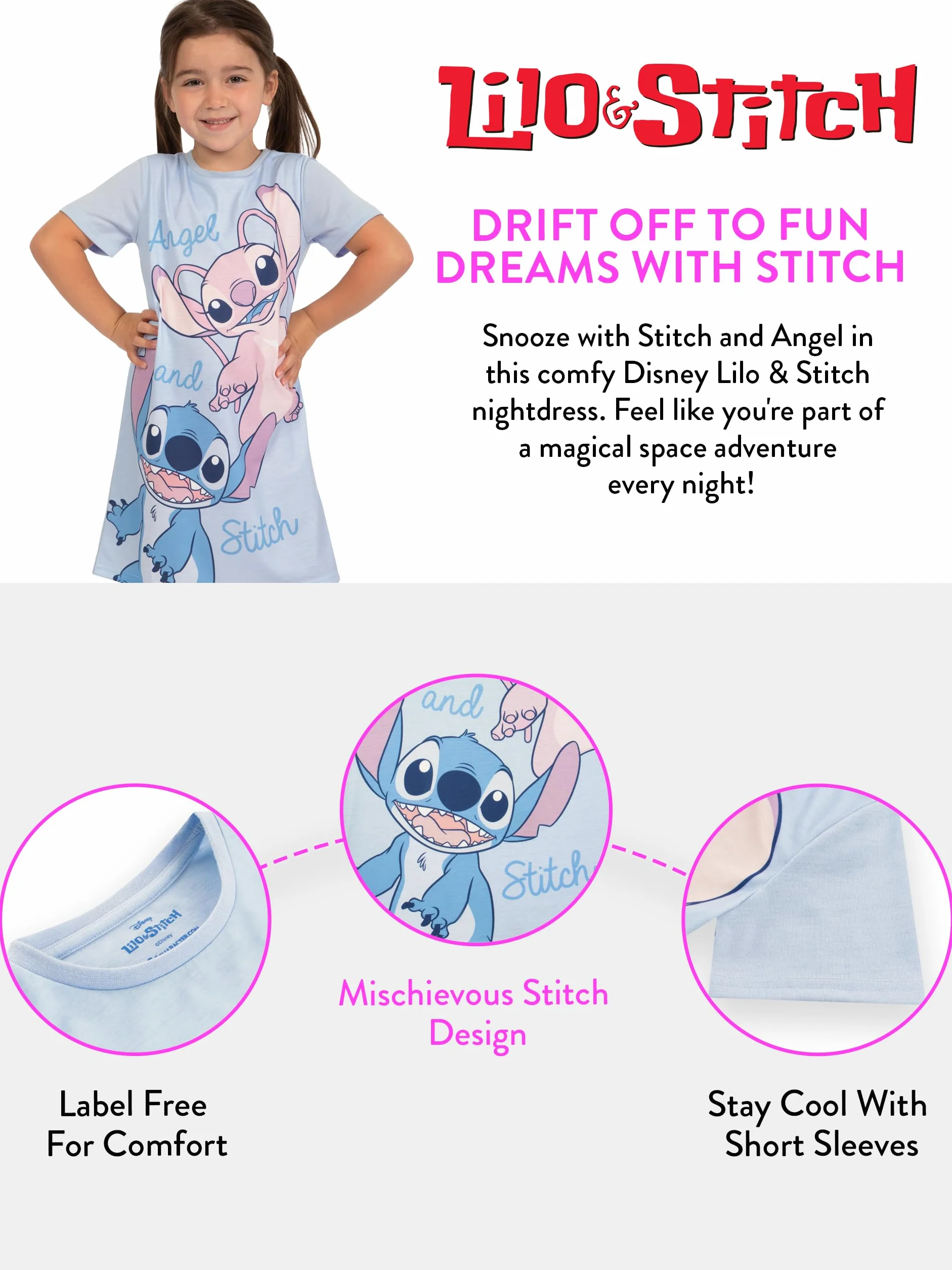 Disney Lilo i Stitch Koszula Nocna dla Dziewczynek | Angel i Stitch Koszula Nocna | Koszula Nocna z Krótkim Rękawem