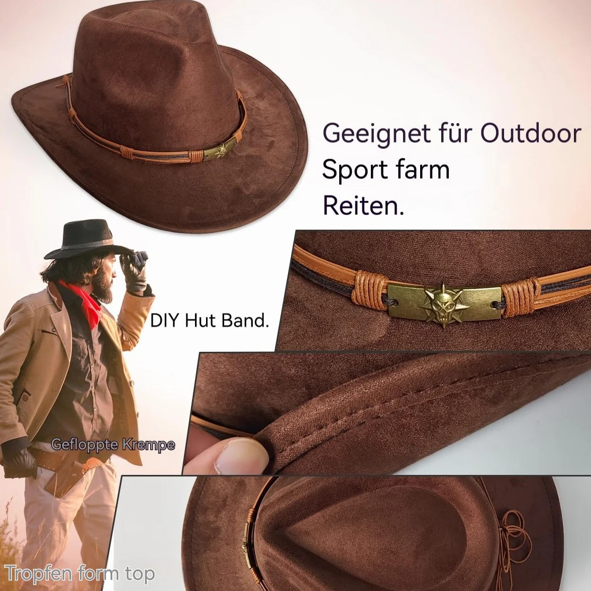 Unisex szerokie rondo, panama, western, kapelusz kowbojski, styl etniczny, kapelusz kowbojski z dekoracją linową dla kobiet i mężczyzn