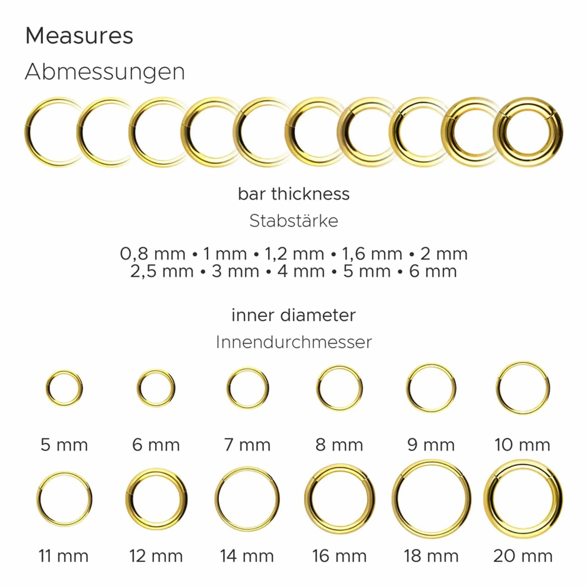 PIERCINGLINE Kolczyk segmentowy typu clicker ze stali chirurgicznej – piercing w kolorze złotym, srebrnym, różowym, czarnym lub niebieskim – do nosa, przegrody nosowej, ucha, helix lub tragus