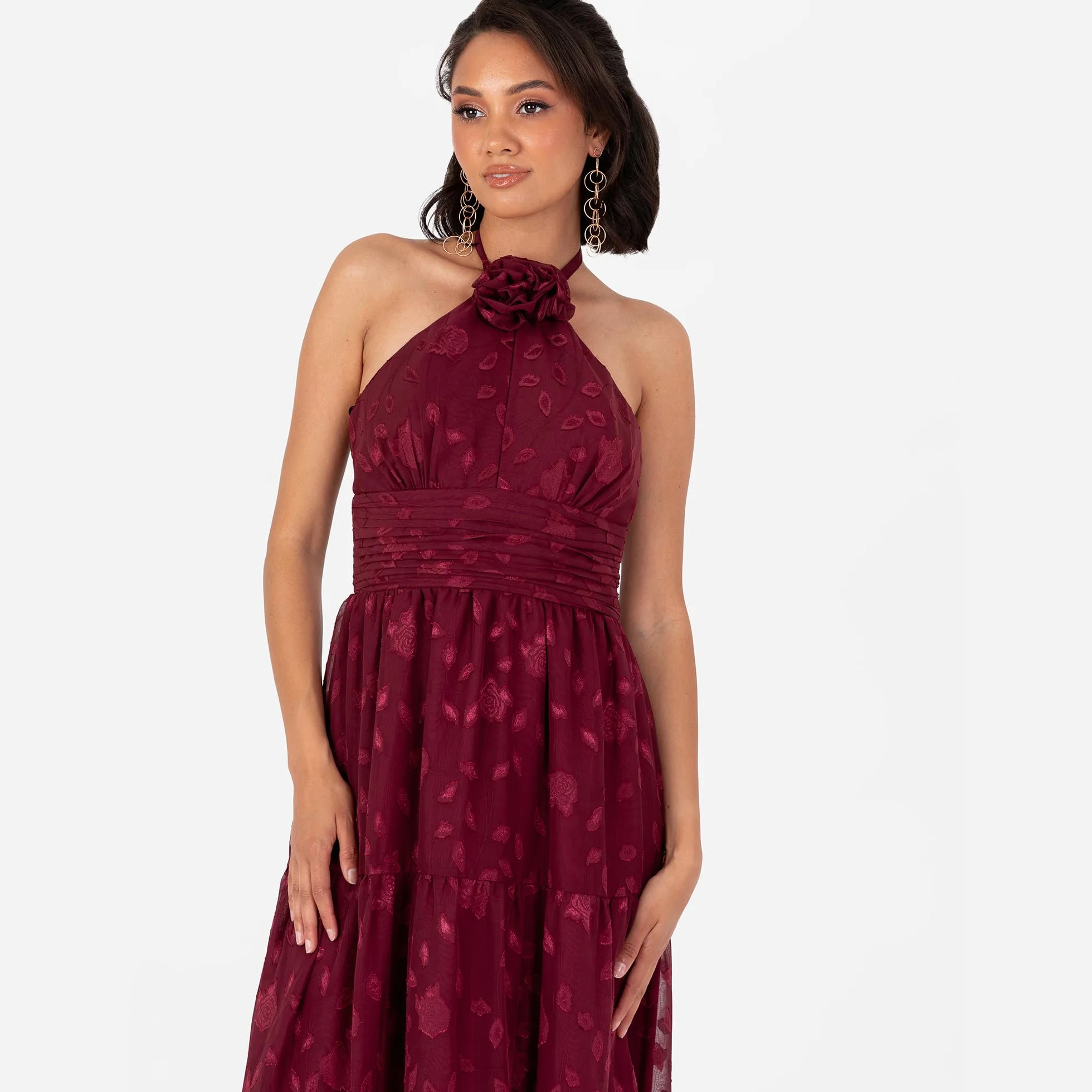 Maya Deluxe Damska sukienka damska Maxi Ladies bez rękawów, kwiatowy gorset, szyfon, żakard, linia A-line Tiered Evening Occasion Prom Dress, granatowy (Berry), 40