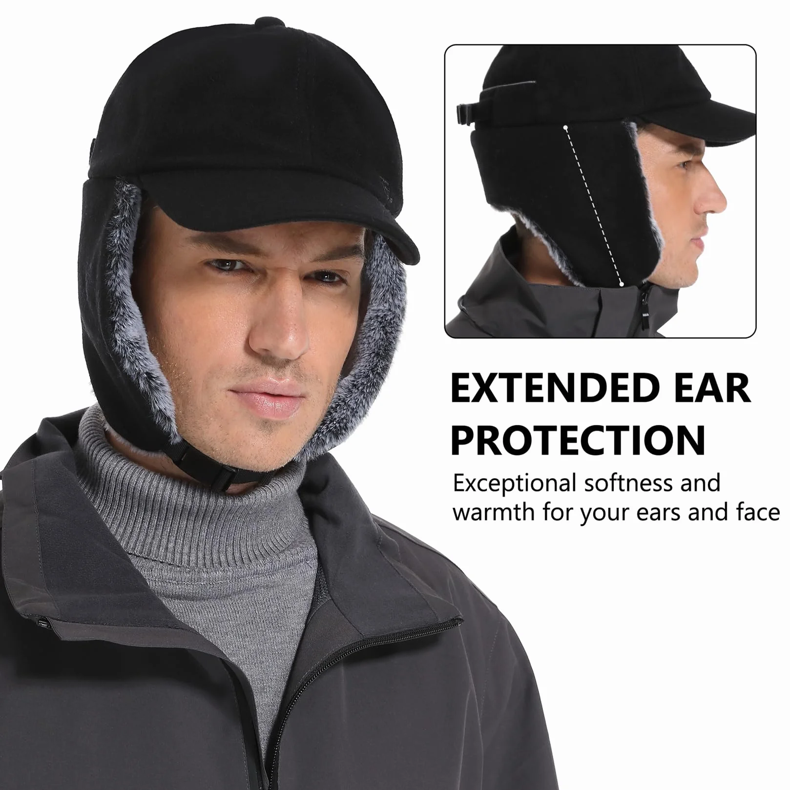 GADIEMKENSD Zimowa wełniana czapka baseballowa unisex z klapkami na uszy ze sztucznego futra, czapka traperska z odblaskową linią