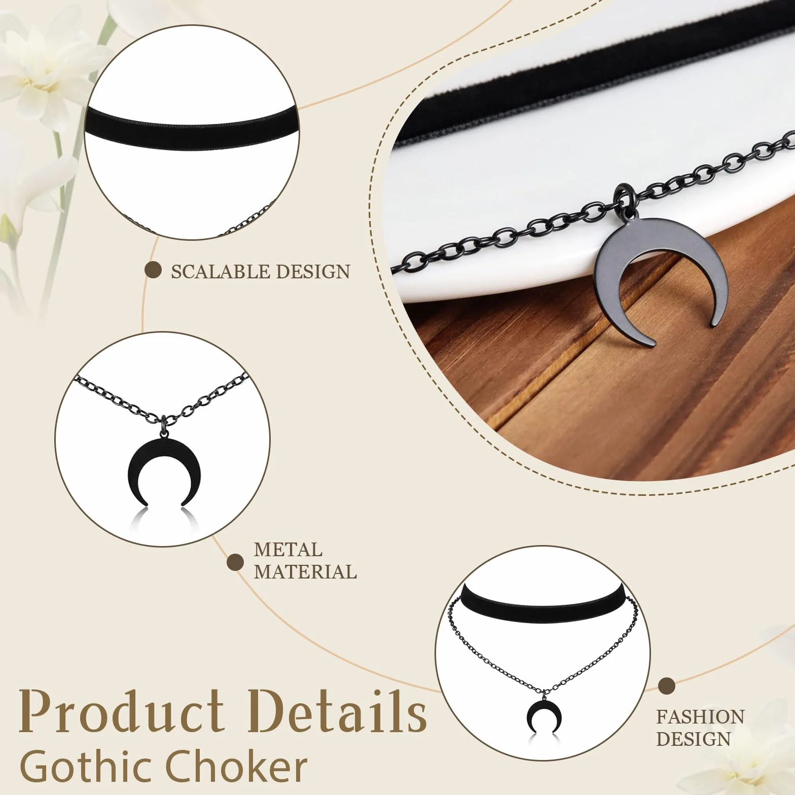 Kotkiddy Gotycki naszyjnik choker, dla kobiet, czarny aksamitny naszyjnik, naszyjnik warstwowy, biżuteria gotycka dla kobiet