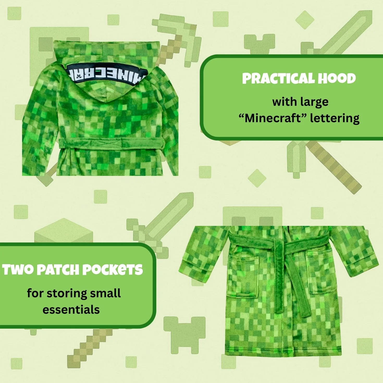 Minecraft Szlafrok dziecięcy chłopięcy polarowy szlafrok poranny z kapturem Creeper Design