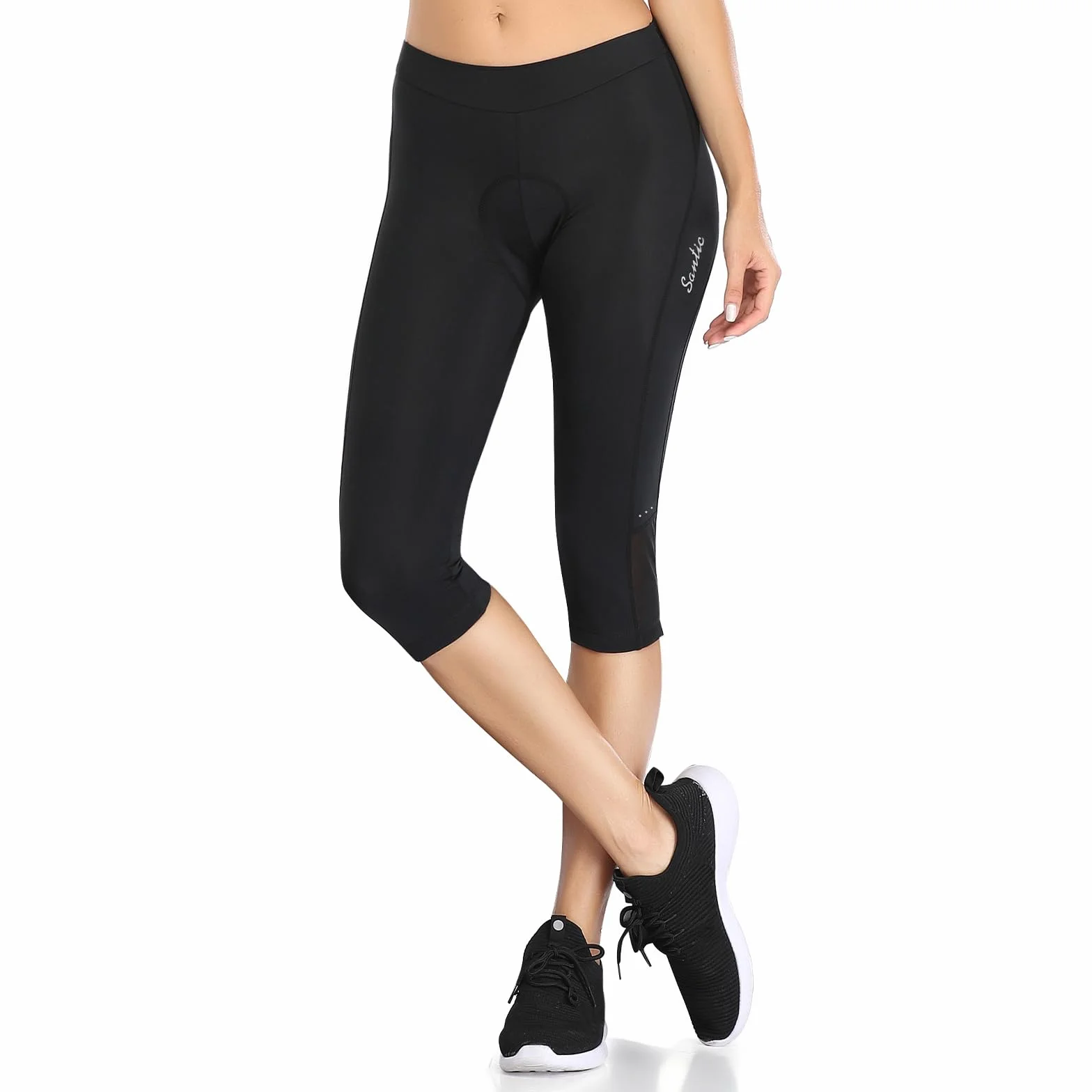 Santic Damskie spodnie rowerowe 3/4, wyściełane spodenki do jazdy na rowerze, legginsy do jazdy na rowerze, elastyczne, szybkoschnące, oddychające, czarne