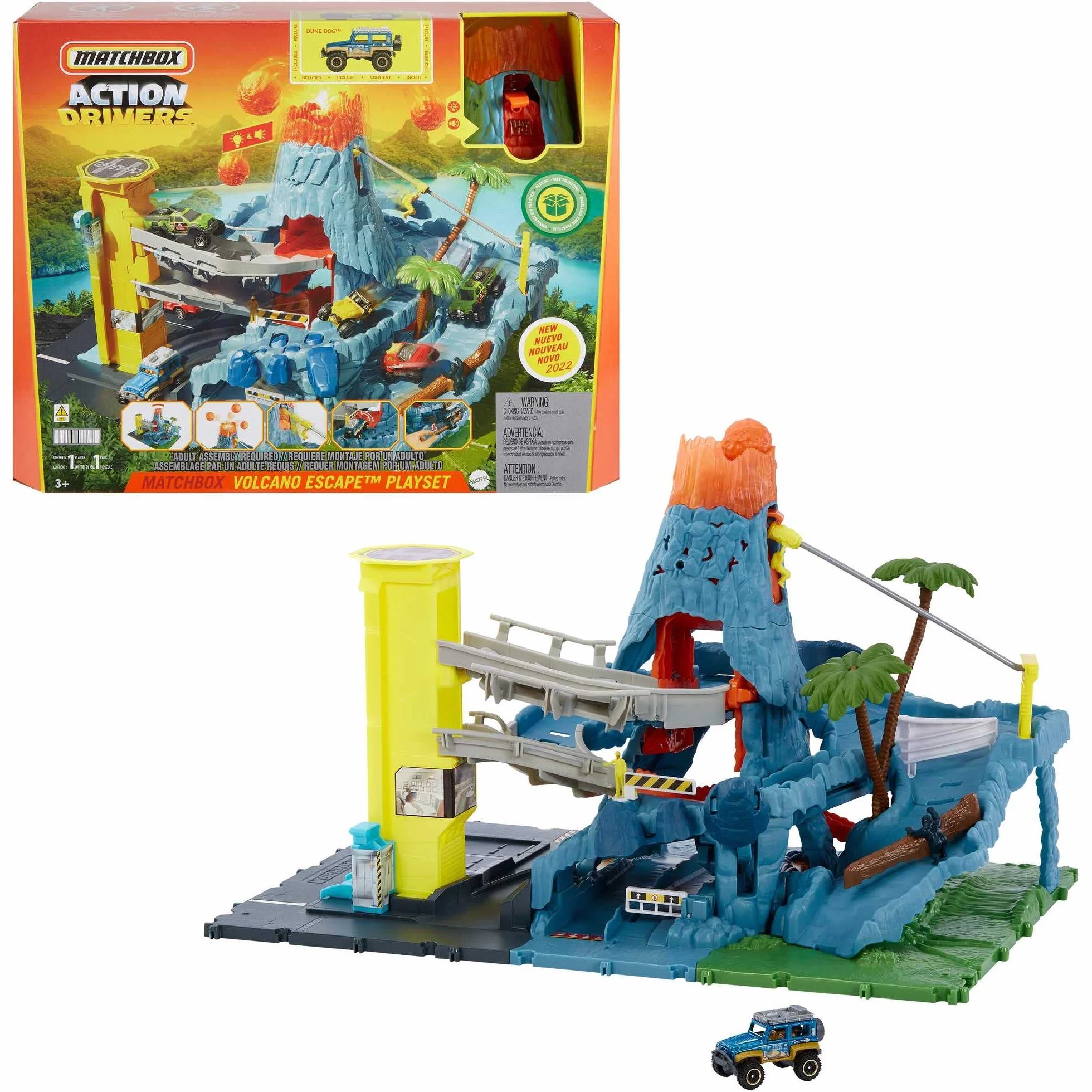 Matchbox Action Drivers Prawdziwe Przygody Wulkan Zestaw do zabawy z 1 pojazdem Matchbox, funkcjami aktywowanymi pojazdem, światełkami i dźwiękami, zabawka dla dzieci, HHW21