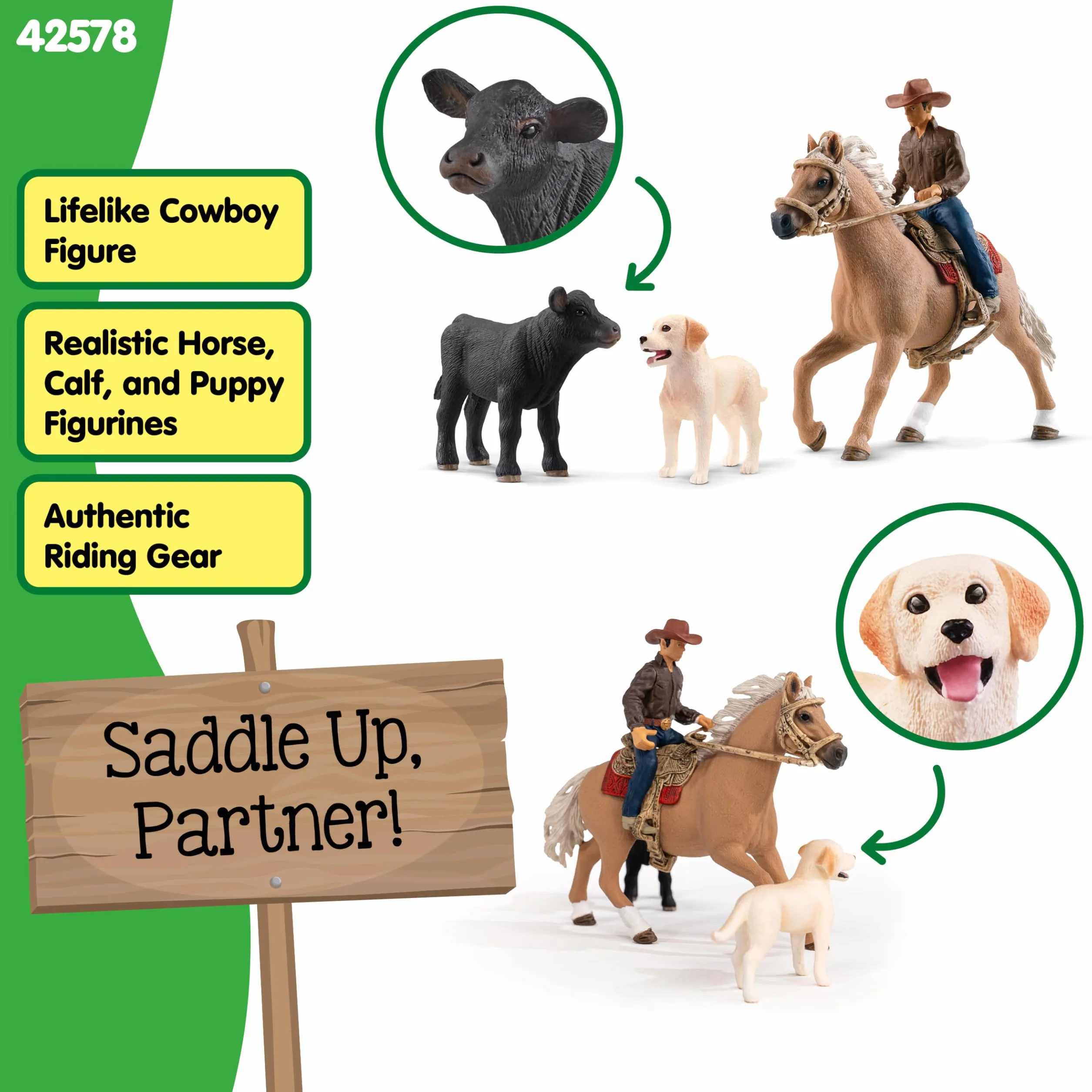 Schleich FARM WORLD | Jazda westernowa 42578 | zestaw farma z kowbojem, koniem, cielęciem i psem z uzdą i siodłem | akcesoria rodeo western | zabawka farma od 3 lat | zestaw 6 elementów