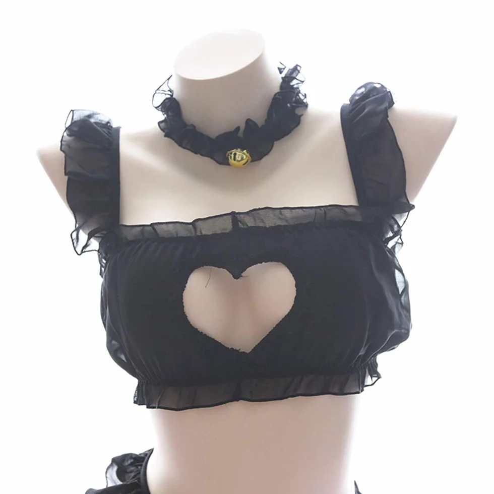 Damska bielizna, duży rozmiar, seksowna bielizna cosplay, zestaw kawaii, anime, kot, odgrywanie ról, kostium bikini, wycięte serce, bielizna lolity, czarna