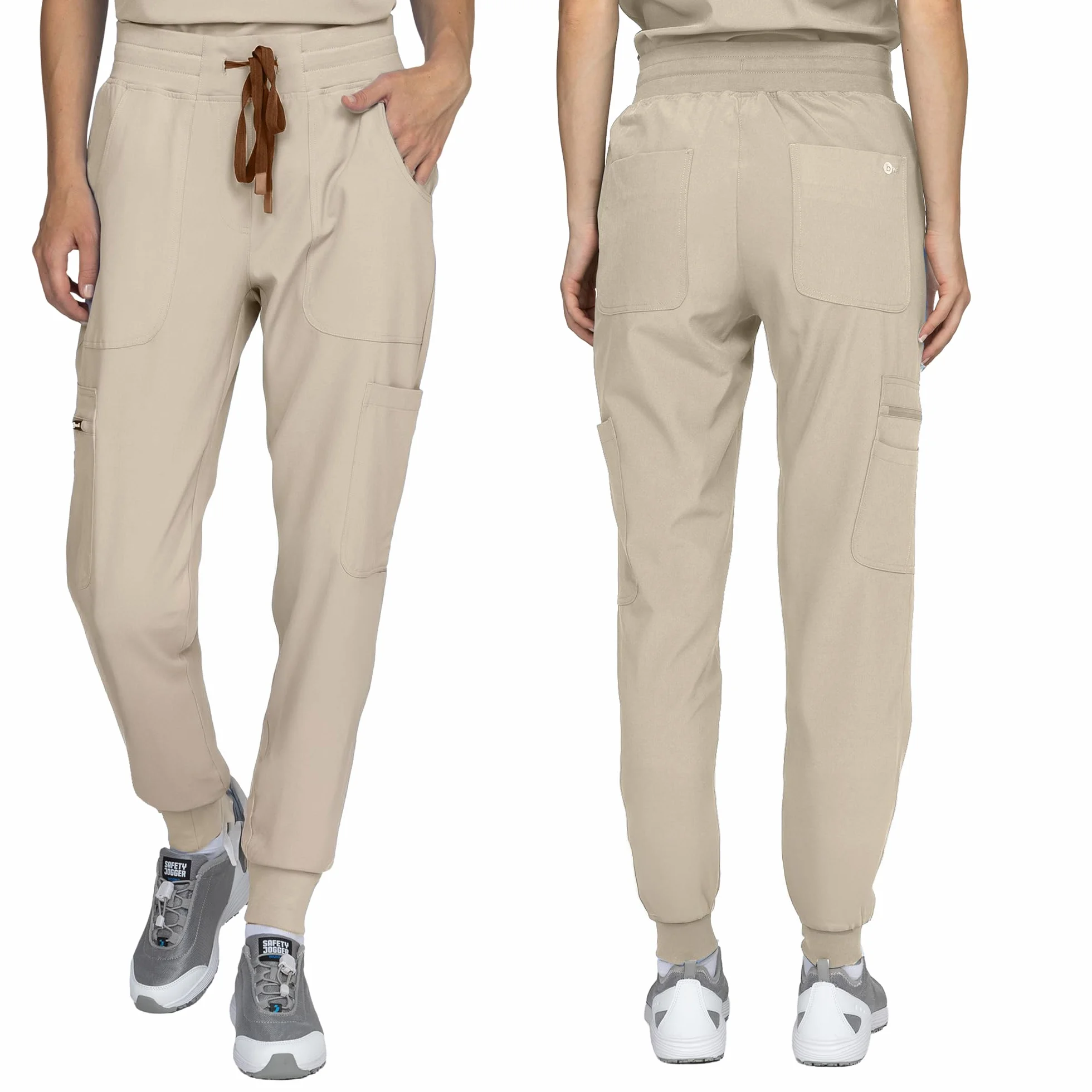 B-well Naomi Damen-Schrubb-Set Schlupfkasack + Schlupfhose Set Medizin Arzt Uniform Schlupfjacke Oberteil mit Hose Medizinische Berufsbekleidung mit Elastan (Sand, XL)
