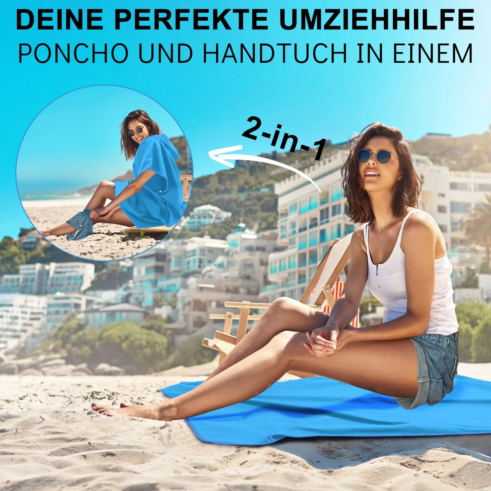 Pameil Ponczo kąpielowe dla kobiet i mężczyzn, z mikrofibry, ponczo kąpielowe, ręcznik (Sky Blue)