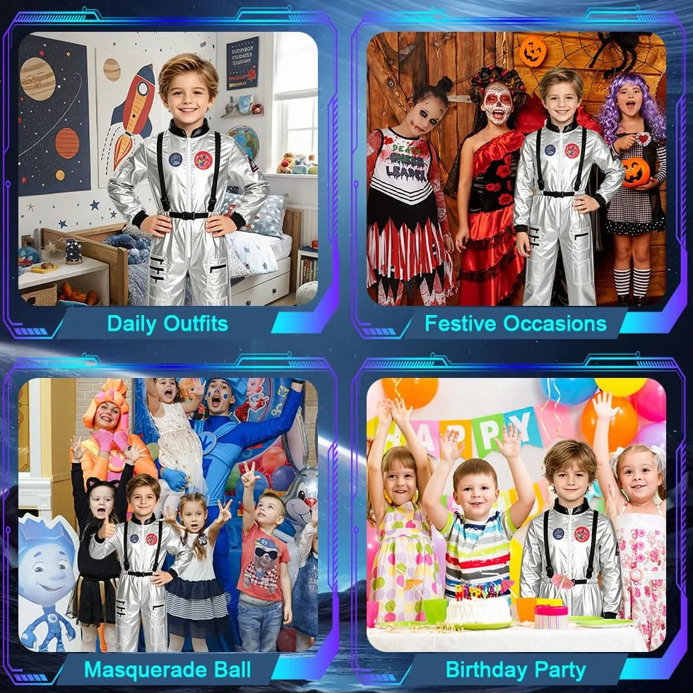 AUYAO Kostium dla dzieci unisex astronauta, dziecięcy srebrny kostium astronauta, kostium kosmiczny dla chłopców i dziewcząt na karnawał Halloween Boże Narodzenie Cosplay (3-12 lat)