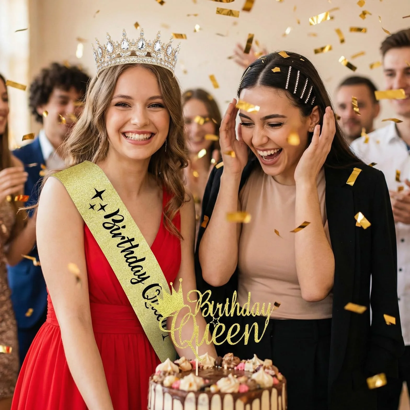 Złota korona urodzinowa dla dorosłych, zestaw z szarfą urodzinową Queen i topperem na tort, diadem, złota korona królowa, na 30 urodziny, dla kobiet, na imprezę i wesele