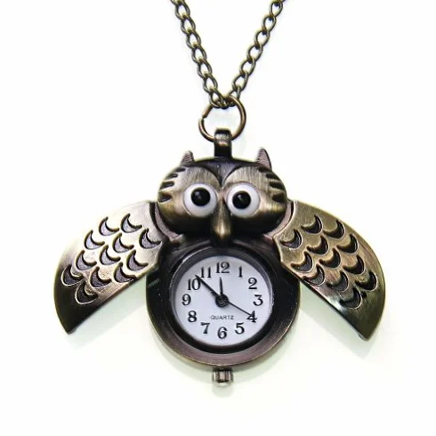 JewelryWe Urocza antyczna sowa zegarek kieszonkowy wisiorek naszyjnik kolor mosiądz 79 cm łańcuszek (z torbą na prezent), Brązowy, Retro
