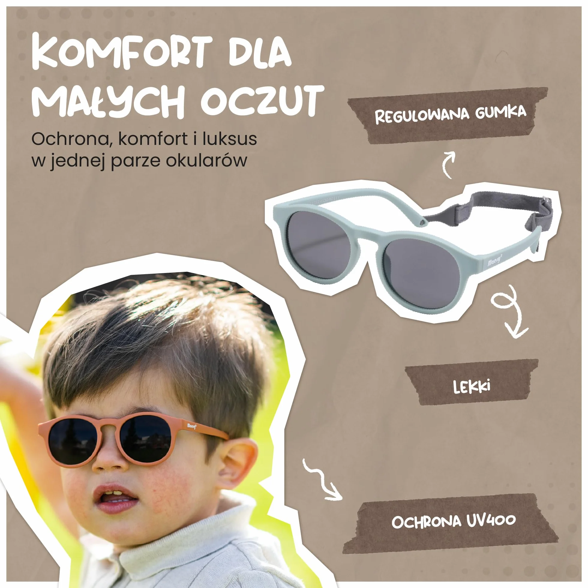 dziecięce okulary przeciwsłoneczne Bowi - 1-3 lata - elastyczne - regulowana gumka - ochrona polaryzacyjna UV400 - maluch i przedszkolak - chłopcy i dziewczynki - okrągłe