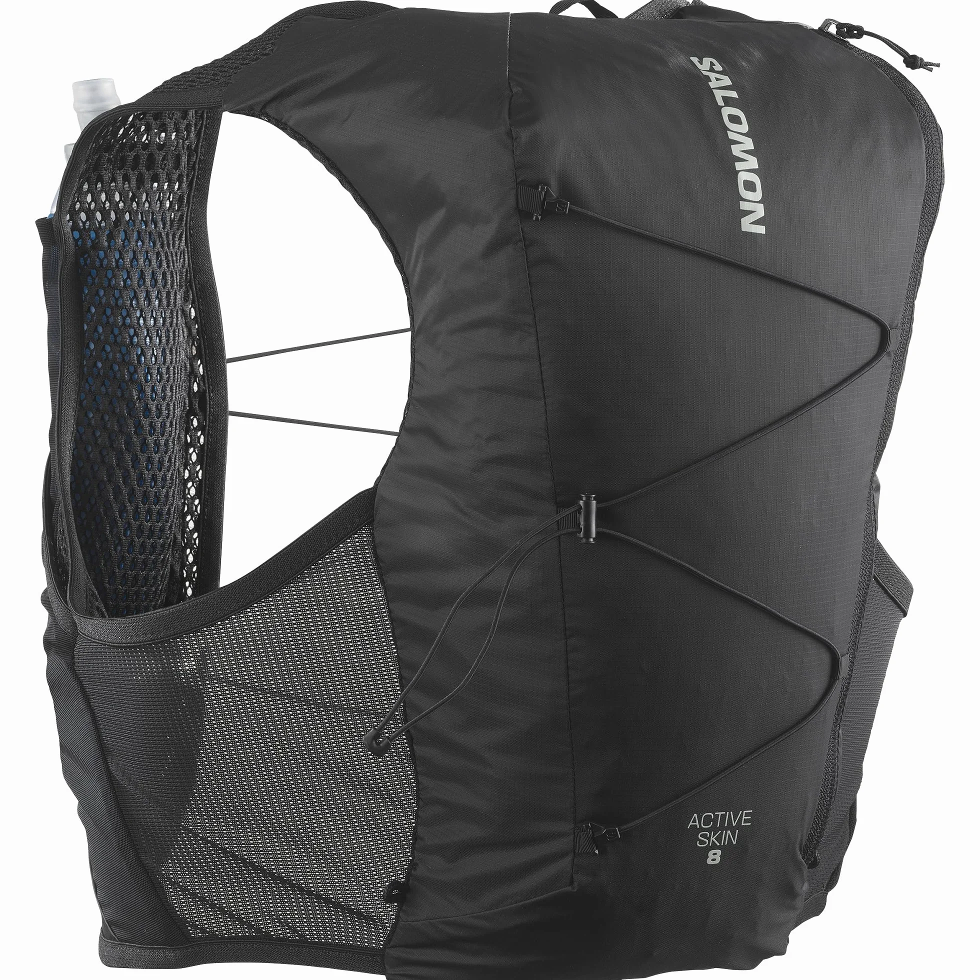 Salomon Active Skin 8 Unisex kamizelka nawadniająca do biegania szlak turystyczny z butelkami w zestawie, łatwe nawodnienie, precyzyjne dopasowanie 8 l i zoptymalizowane przechowywanie, czarna, M