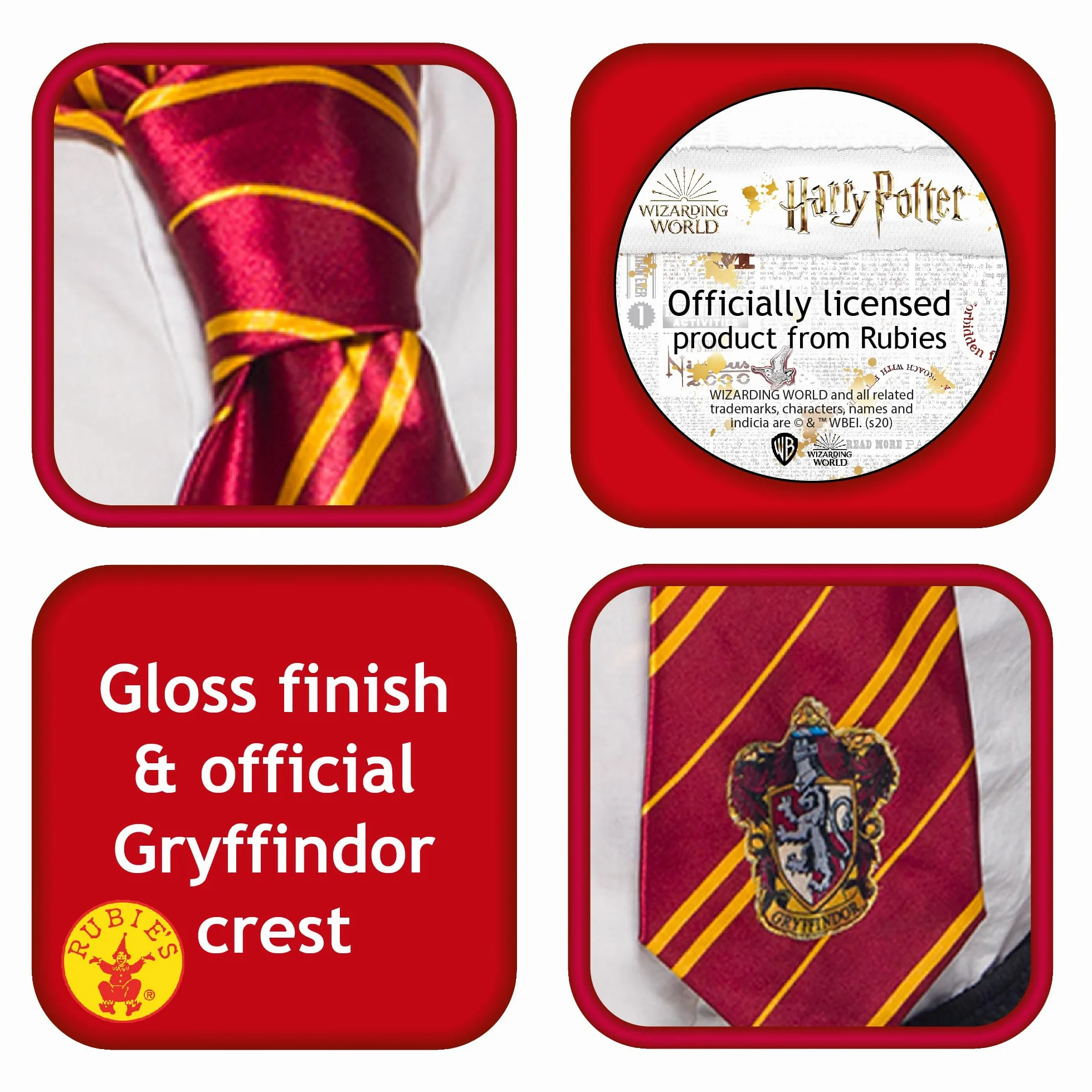 Rubies Oficjalny krawat Harry Potter Gryffindor Deluxe, akcesorium kostiumowe dla dorosłych/dzieci, jeden rozmiar, wiek 6 lat, Halloween