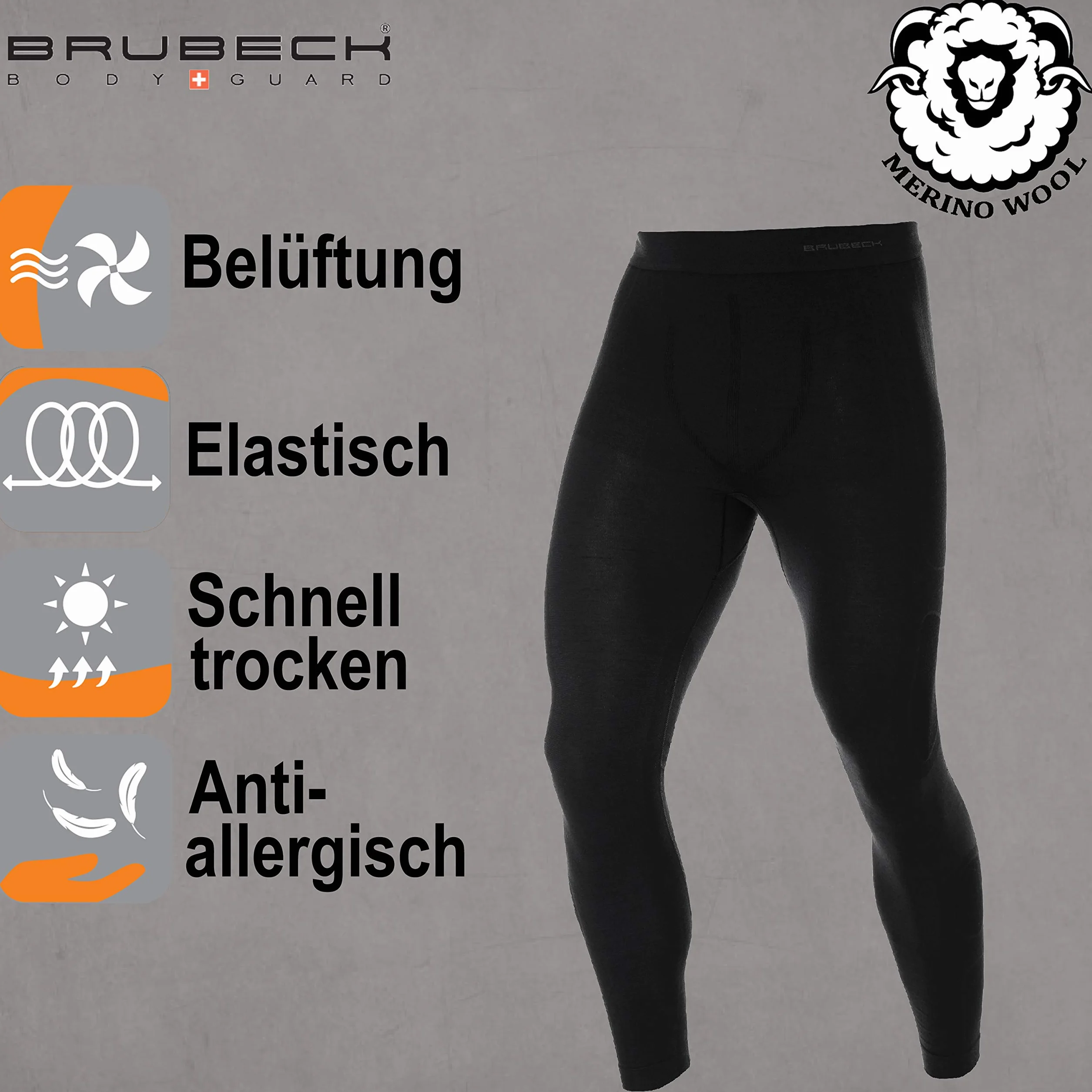 BRUBECK Męskie spodnie funkcyjne długie | legginsy funkcyjne oddychające | bielizna funkcyjna | bezszwowe spodnie Base Layer | 41% wełna merynosowa | LE10930