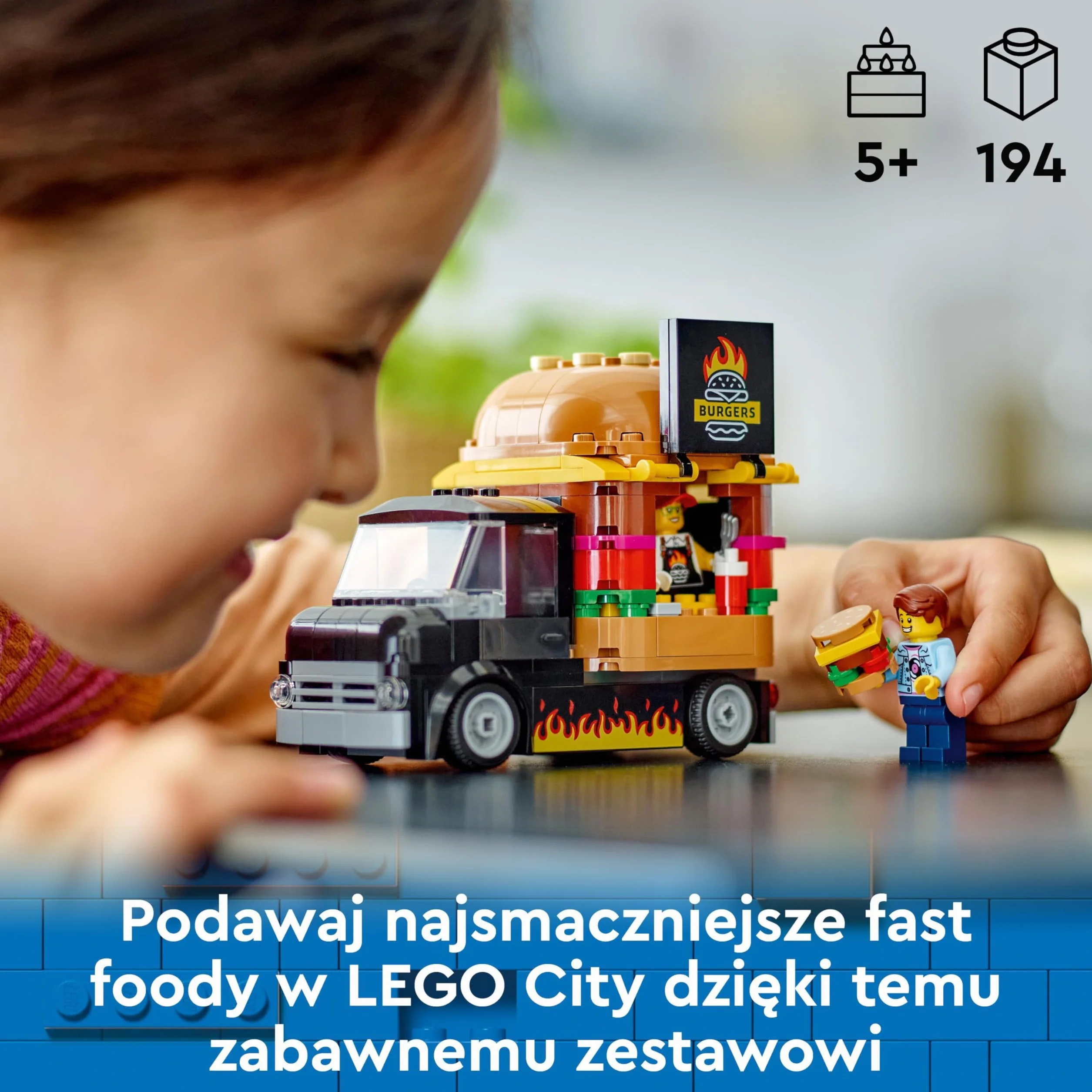 LEGO City Ciężarówka z burgerami, Ciężarówka-Zabawka do Zbudowania dla 5-latka, Zestaw Dla Fana Zabawek Kuchennych i Zabawy z Wyobraźnią, Prezent dla Dziewczynki i Chłopca od 5 lat, 60404