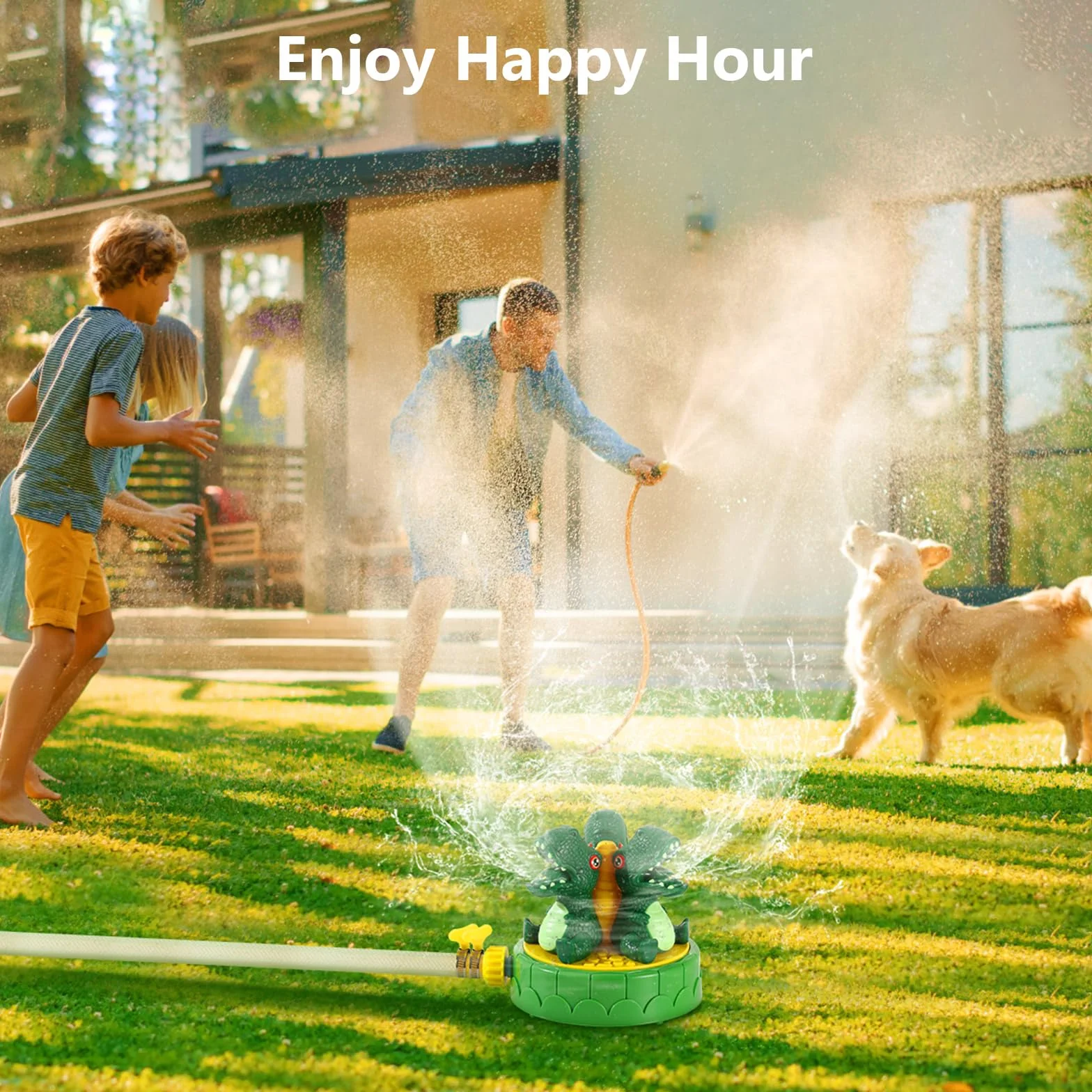 MoKo Dinosaur Sprinkler for Kids-Cute Outdoor Water Toy Spray Swimming Pool Toy with 2 Hose Clamps 3 Nozzles Fun Summer Play Water Toys for Backyard Lawn Garden Game Activities Pet Boys Girls, Green