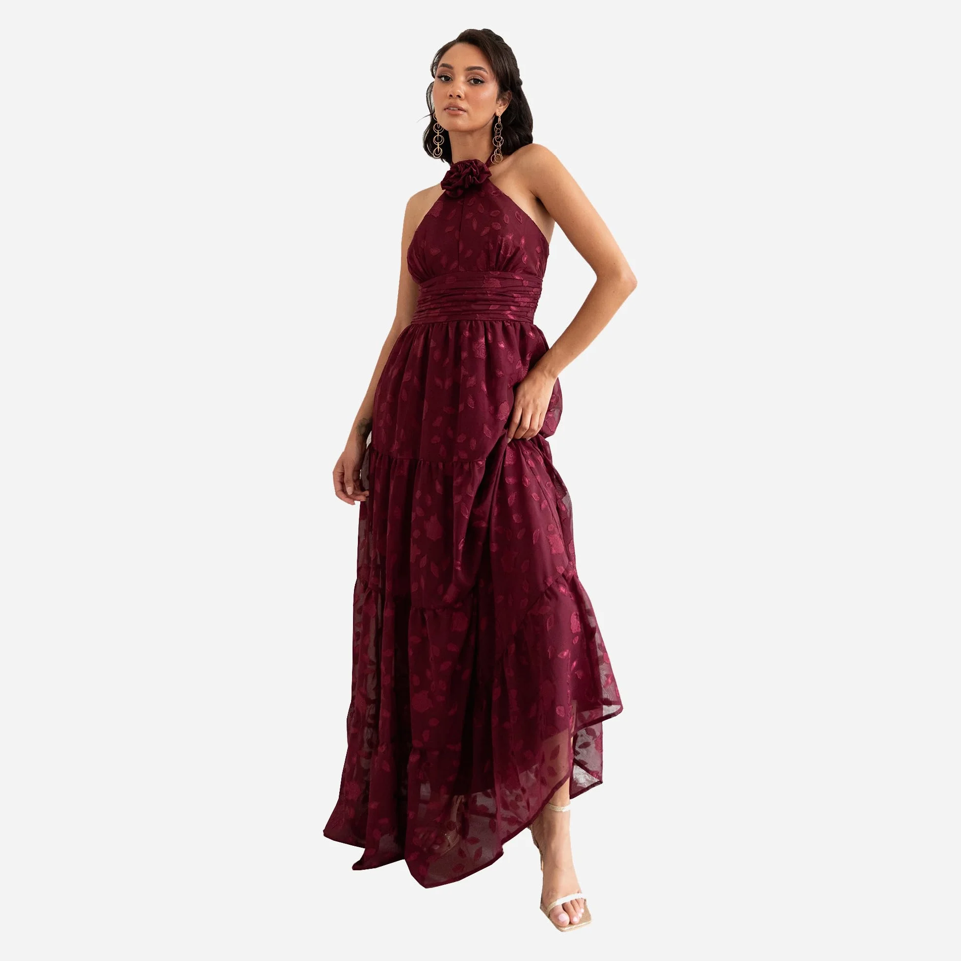Maya Deluxe Damska sukienka damska Maxi Ladies bez rękawów, kwiatowy gorset, szyfon, żakard, linia A-line Tiered Evening Occasion Prom Dress, granatowy (Berry), 40