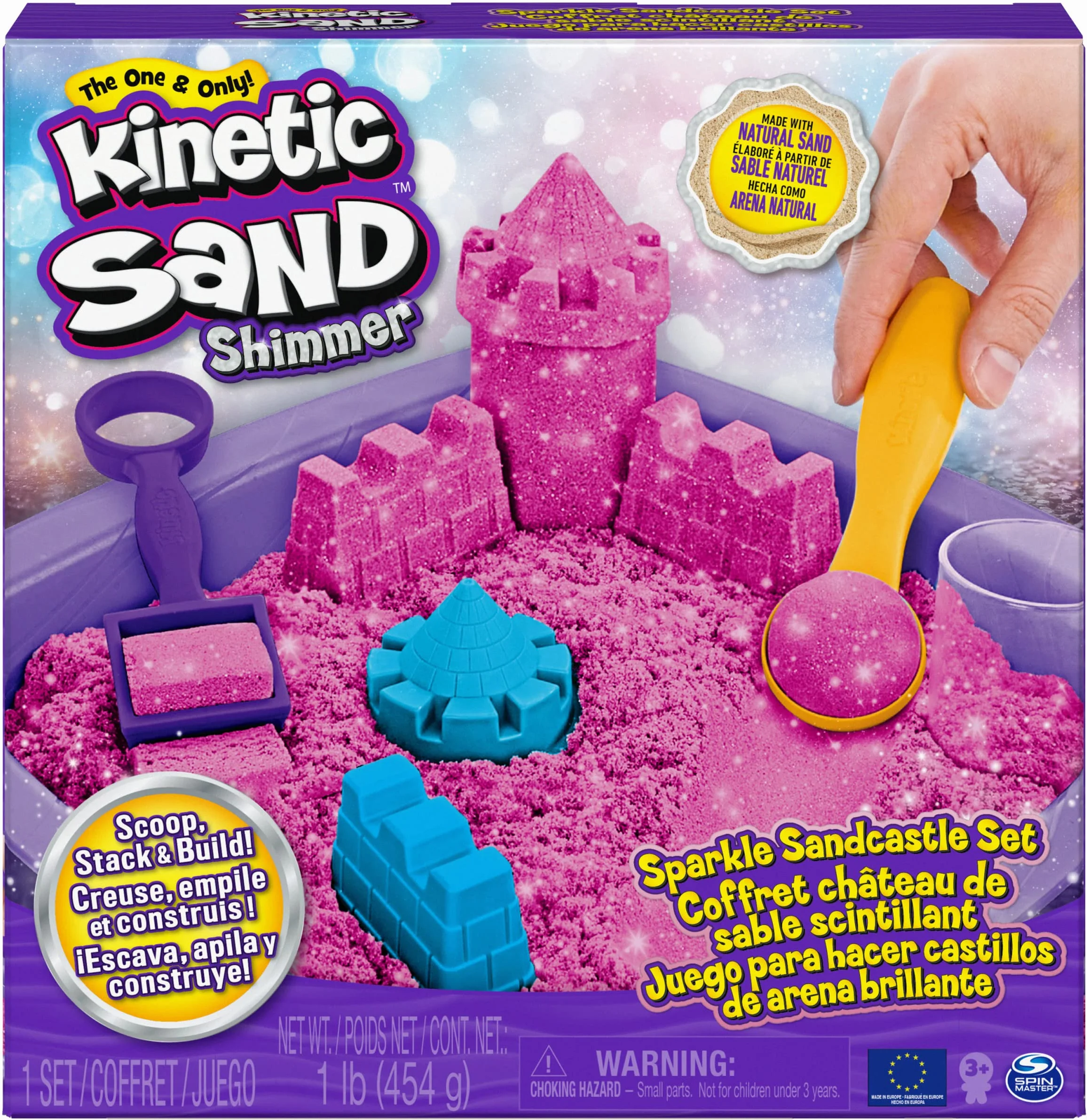 Kinetic Sand Kinetic Shimmer Sand Castle 454 g kolorowy błyszczący różowy z 3 akcesoriami i tacą w zestawie zabawki dla dzieci i dziewcząt w wieku 3 lat