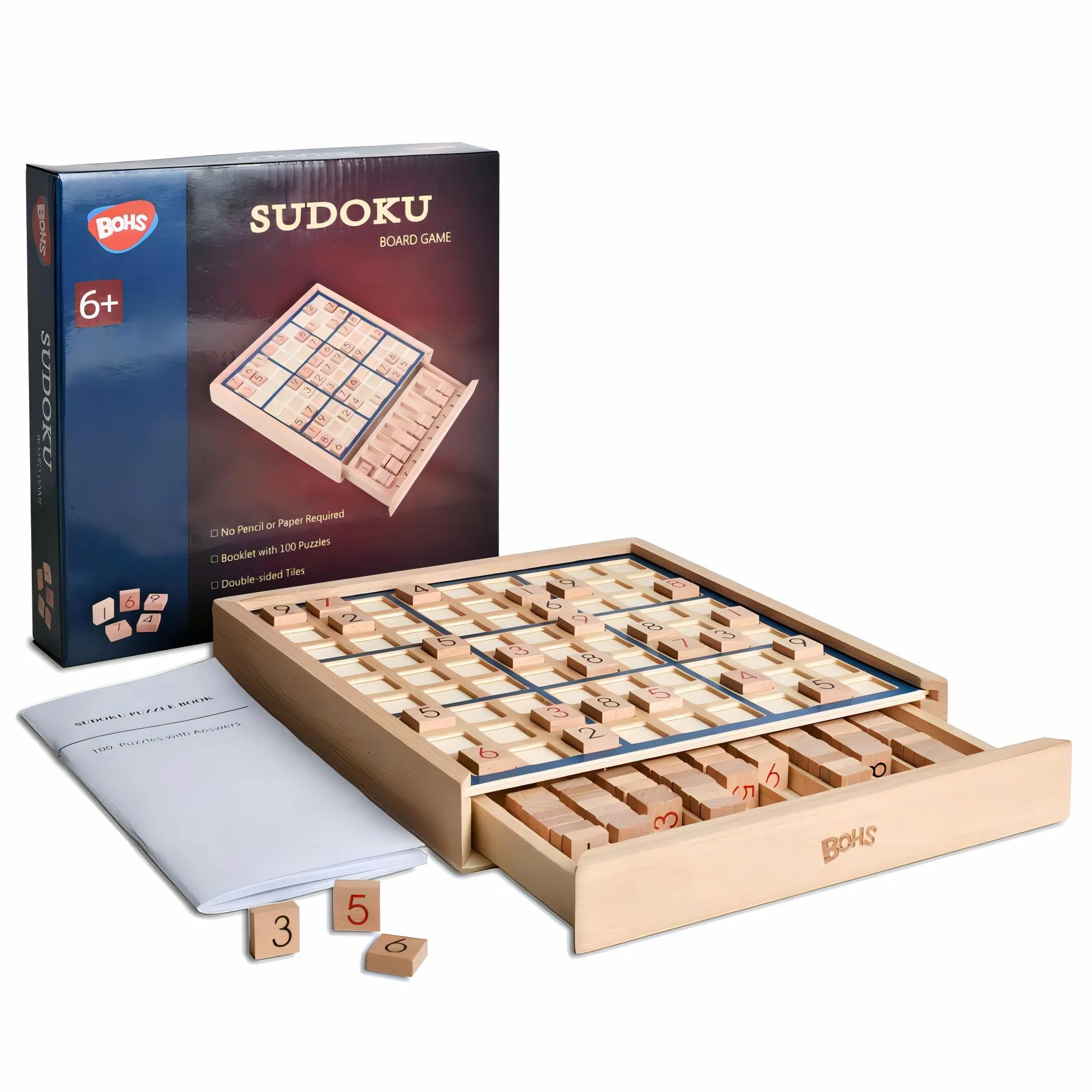 BOHS Gioco da Tavolo in Legno Sudoku con cassetto - con Il Libro di 100 Puzzle di Sudoku - Math Desktop Rompicapo Giocattoli da Tavolo