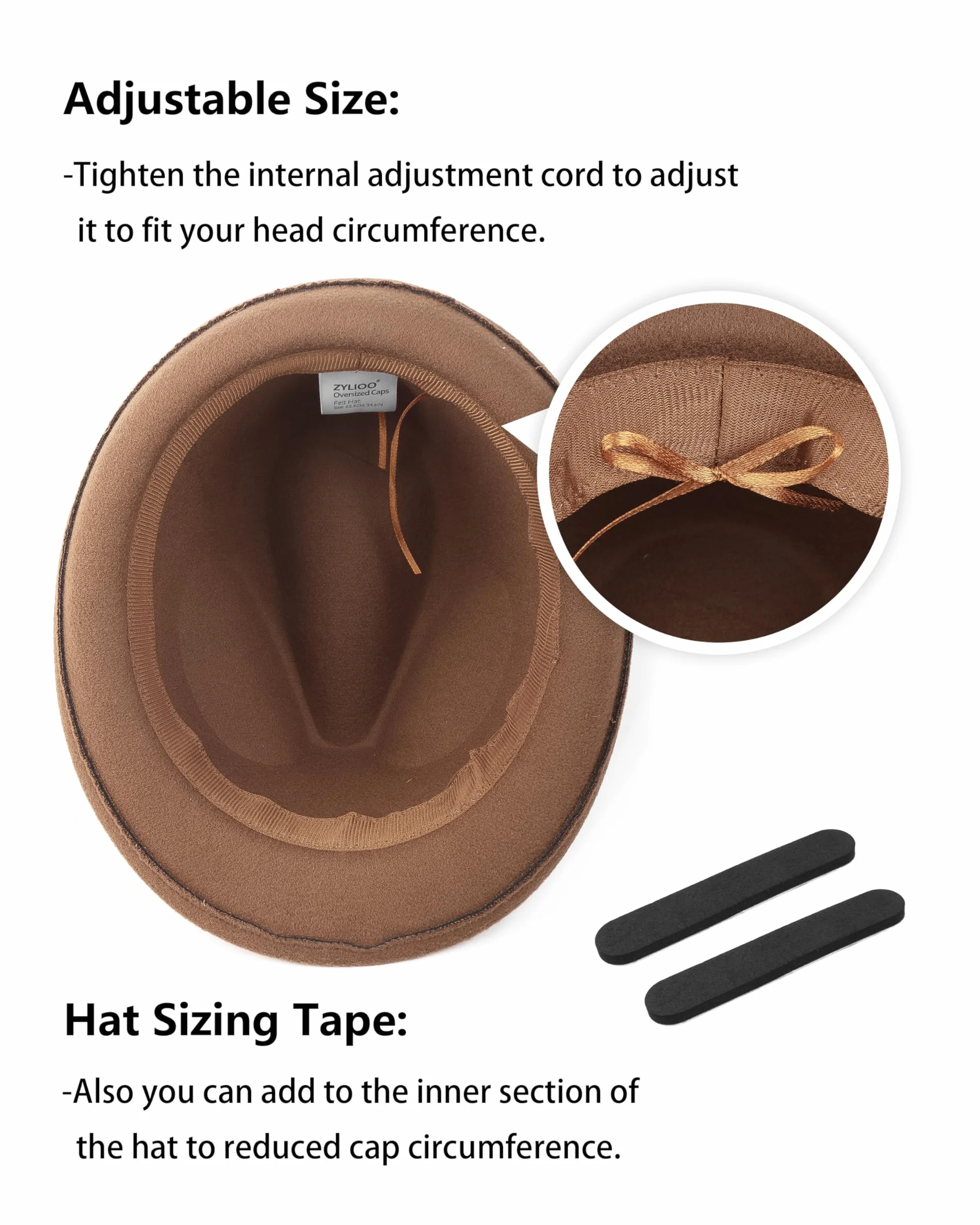 Zylioo Filcowe czapki Trilby w wielu rozmiarach, regulowany rozmiar ciepła czapka fedora, unisex kapelusz Manhattan, kubański kapelusz z krótkim rondem ze wstążką