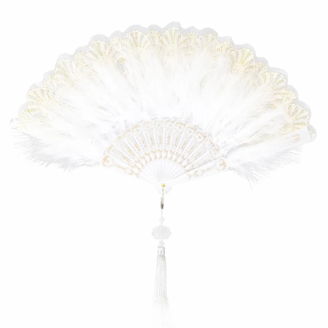 Wachlarz z piórami z lat 20., wentylator ślubny, wentylator z piórami ręczny wentylator ręczny, składany wentylator w stylu vintage, 1920 Handheld Feather Fan