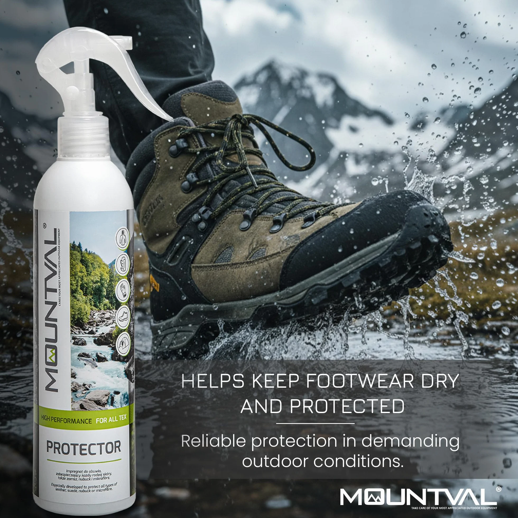 Mountval Środek impregnujący, protector, impregnowanie butów outdoorowych z tkaniny tekstylnej, nubuku, dzikiej i tradycyjnej skóry, odpowiedni do Gore-Tex, Przezroczysty i neutralny, 300.00 ml