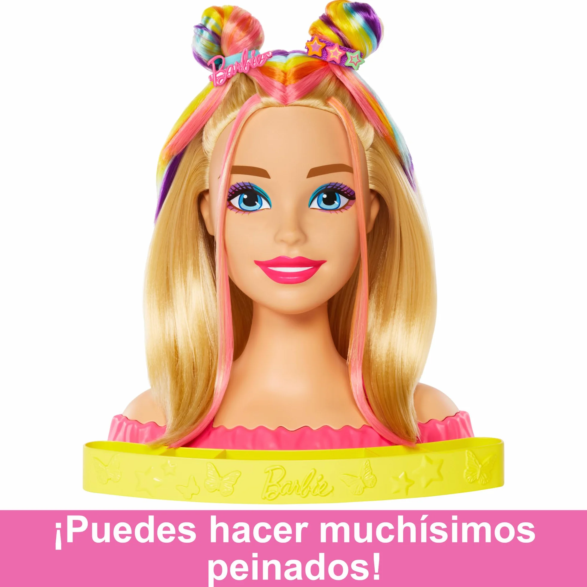 Barbie Totally Hair Głowa do stylizacji deluxe z prostymi blond i neonowo-tęczowymi włosami + akcesoria Color Reveal, HMD78