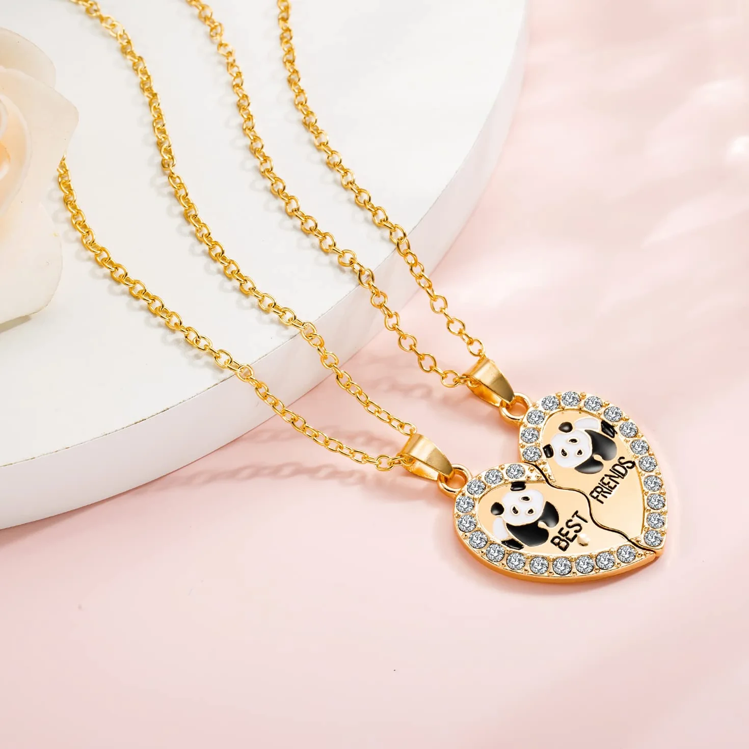 2 sztuki złotych łańcuszków przyjaźni z grawerunkiem Best Friends zestaw dla dzieci, dziewcząt, par, serce, stras, damski łańcuszek, wisiorek, panda, przyjaźń, łańcuszki, biżuteria, prezent dla