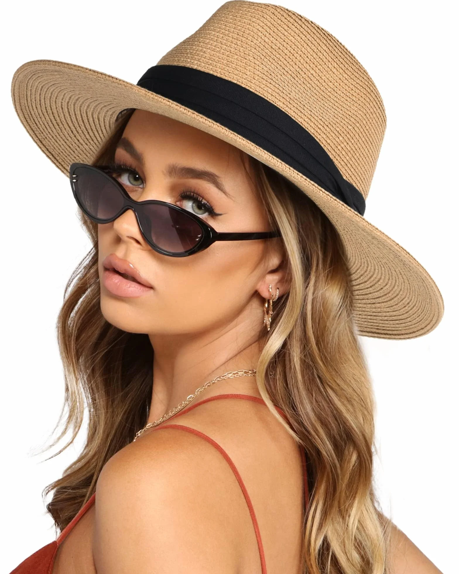 FURTALK Kapelusze przeciwsłoneczne dla kobiet letnie szerokie rondo UV UPF 50+ Panama Fedora składana słomkowa czapka plażowa