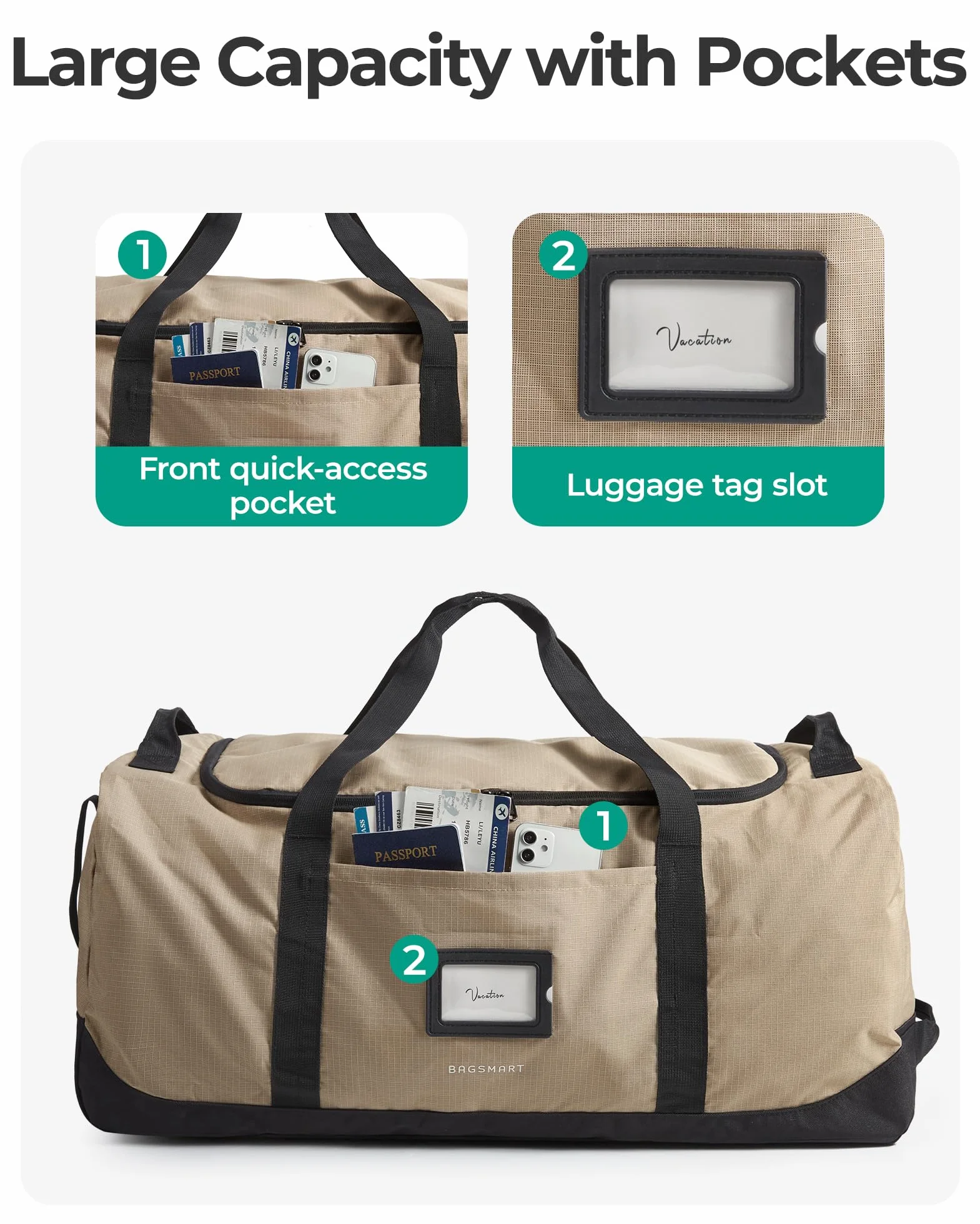 BAGSMART Składana torba podróżna na kółkach, 80 l, lekka torba sportowa, 3 rolki, duża torba podróżna dla mężczyzn i kobiet, może być zwinięta i przechowywana, zieleń wodorostów
