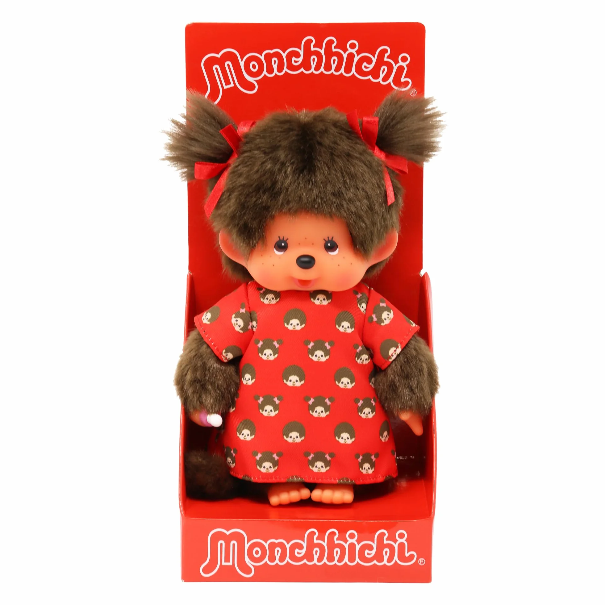 Sekiguchi 221295 - Oryginalna dziewczynka Monchhichi, pluszowa figurka z sukienką monchichi i kokardkami, ok. 20 cm wysokości, wykonana z brązowego pluszu.