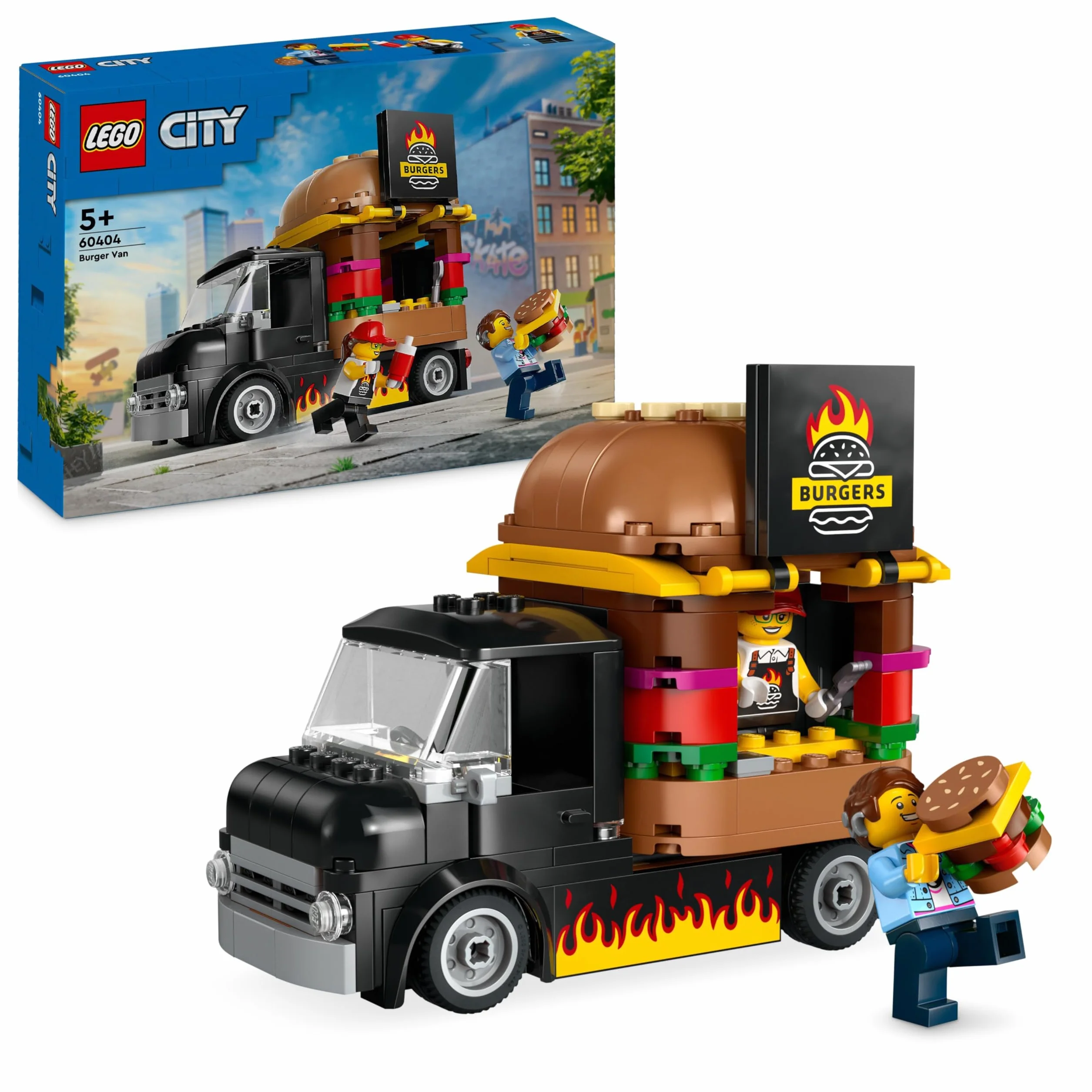 LEGO City Ciężarówka z burgerami, Ciężarówka-Zabawka do Zbudowania dla 5-latka, Zestaw Dla Fana Zabawek Kuchennych i Zabawy z Wyobraźnią, Prezent dla Dziewczynki i Chłopca od 5 lat, 60404